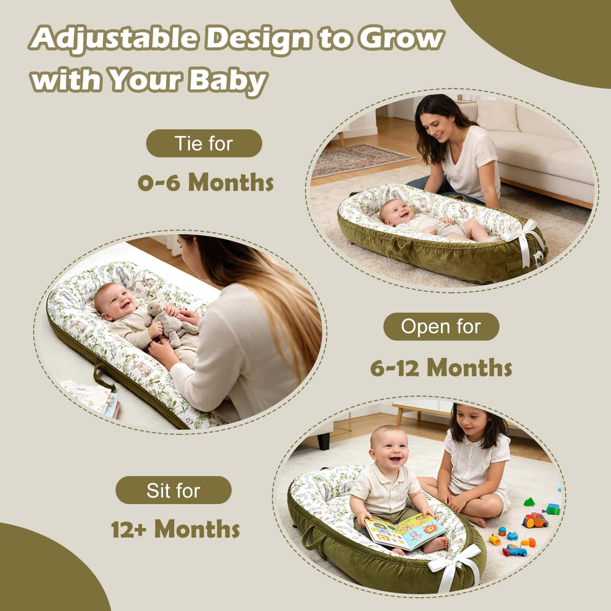 Baby Lounger-Breathable and Soft Organic 100% Cotton, Portable Infant Lounger with Removable Lounger Cover, Baby Nest Lounger for Newborn - Green Rabbit