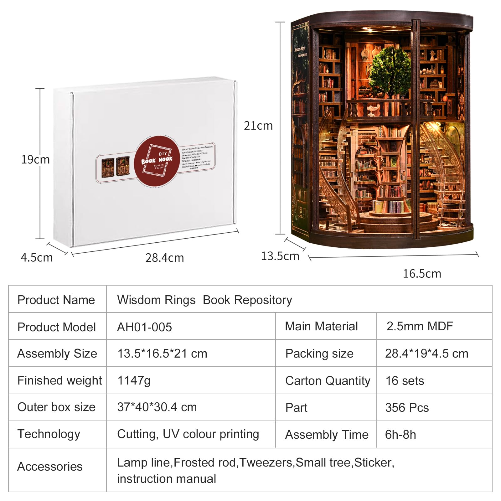 Book Nook Kit -Weisheitsringe Bucharchiv-Buchstütze Aus Holz und 3D-Puzzle mit LED-Licht, DIY Set Erwachsene,Bücherregaldekoration Diorama Kit Geburtstag