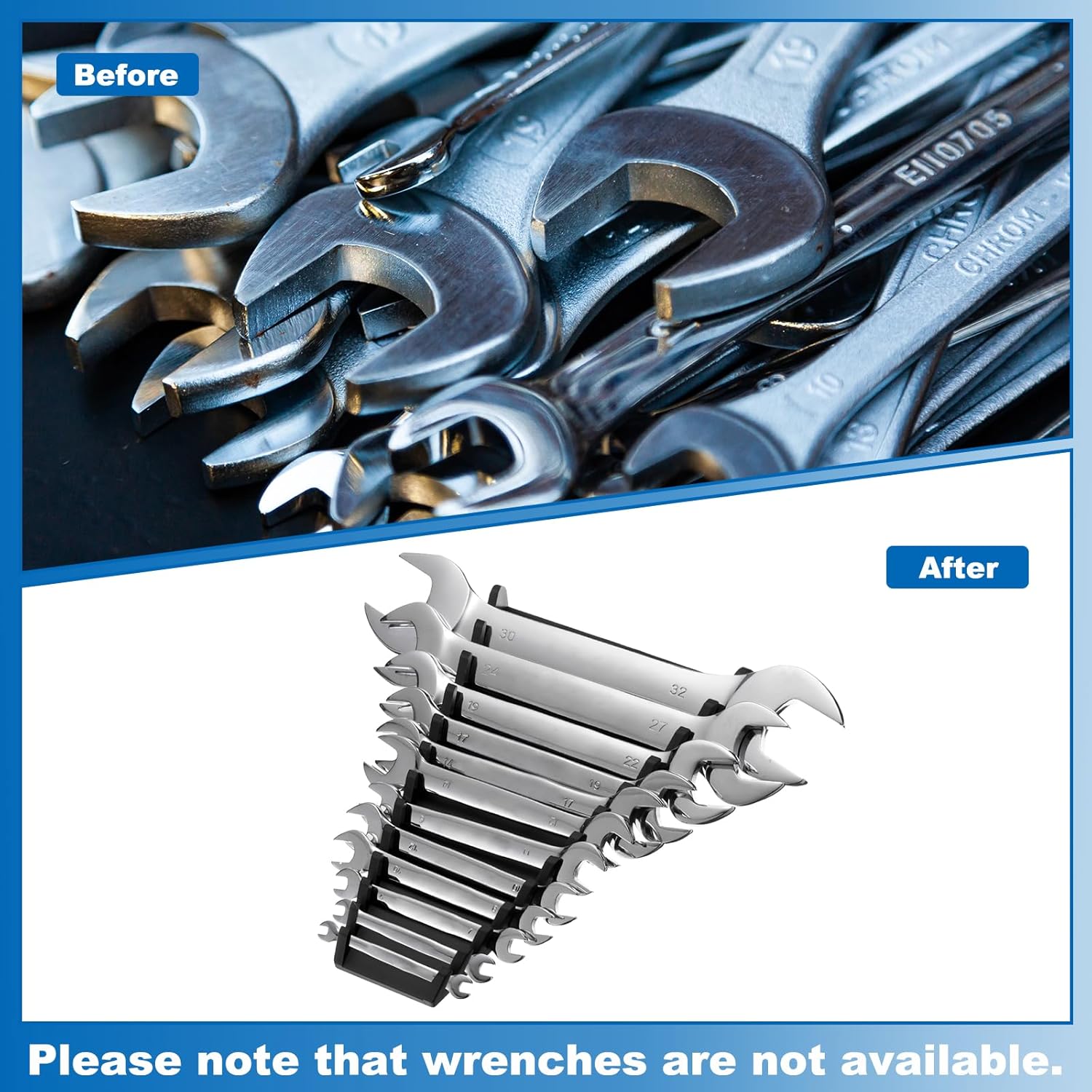 HARFINGTON 4pcs Magnetic Wrench Organizer, 12-Slot Each Wrench Holder, Wrench Rack Tray Storage For Tool Box, For Wrenches with Size SAE:1/4" - 15/16" Metric 6mm-24mm, Black,Blue