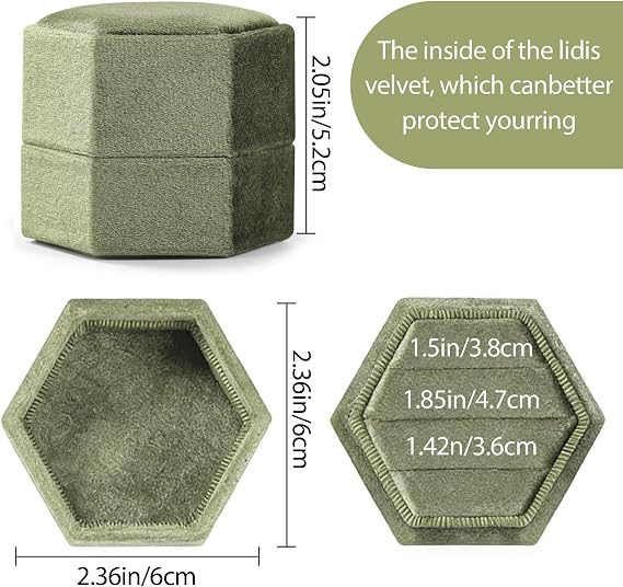 3-Slot Hexagon Velvet Jewelry Ring Box - Vintage Olive Green Ring Display Holder, Ideal for Wedding Proposal Engagement Gift