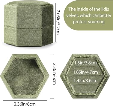 3-Slot Hexagon Velvet Jewelry Ring Box - Vintage Olive Green Ring Display Holder, Ideal for Wedding Proposal Engagement Gift