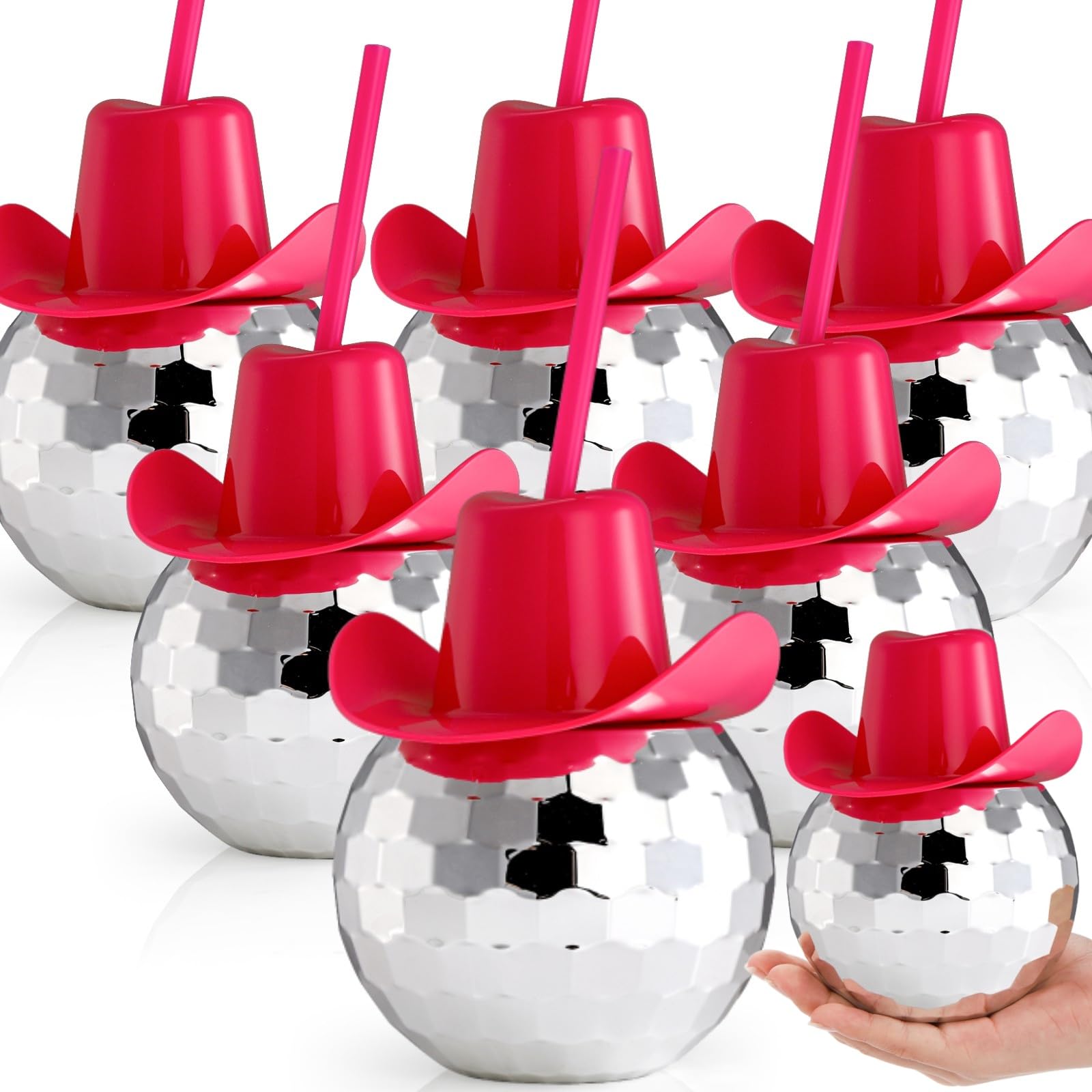 Noamus 6 Packs Disco Ball Cup Pink Straw, 22oz Flash Ball Party Cups with Cowboy Hat Lid, 70s Silver Glitter Cocktail Spherical Glass, Wine Drinking