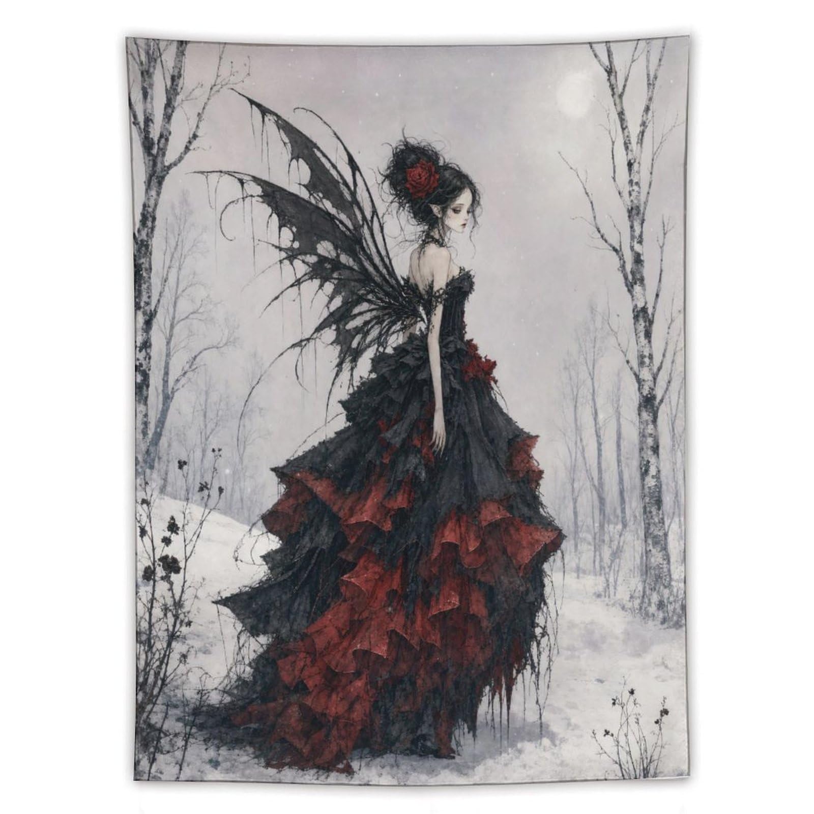 Gothic Fairy in Snow Wall Tapestry, Fantasy Illustration Style, Bed