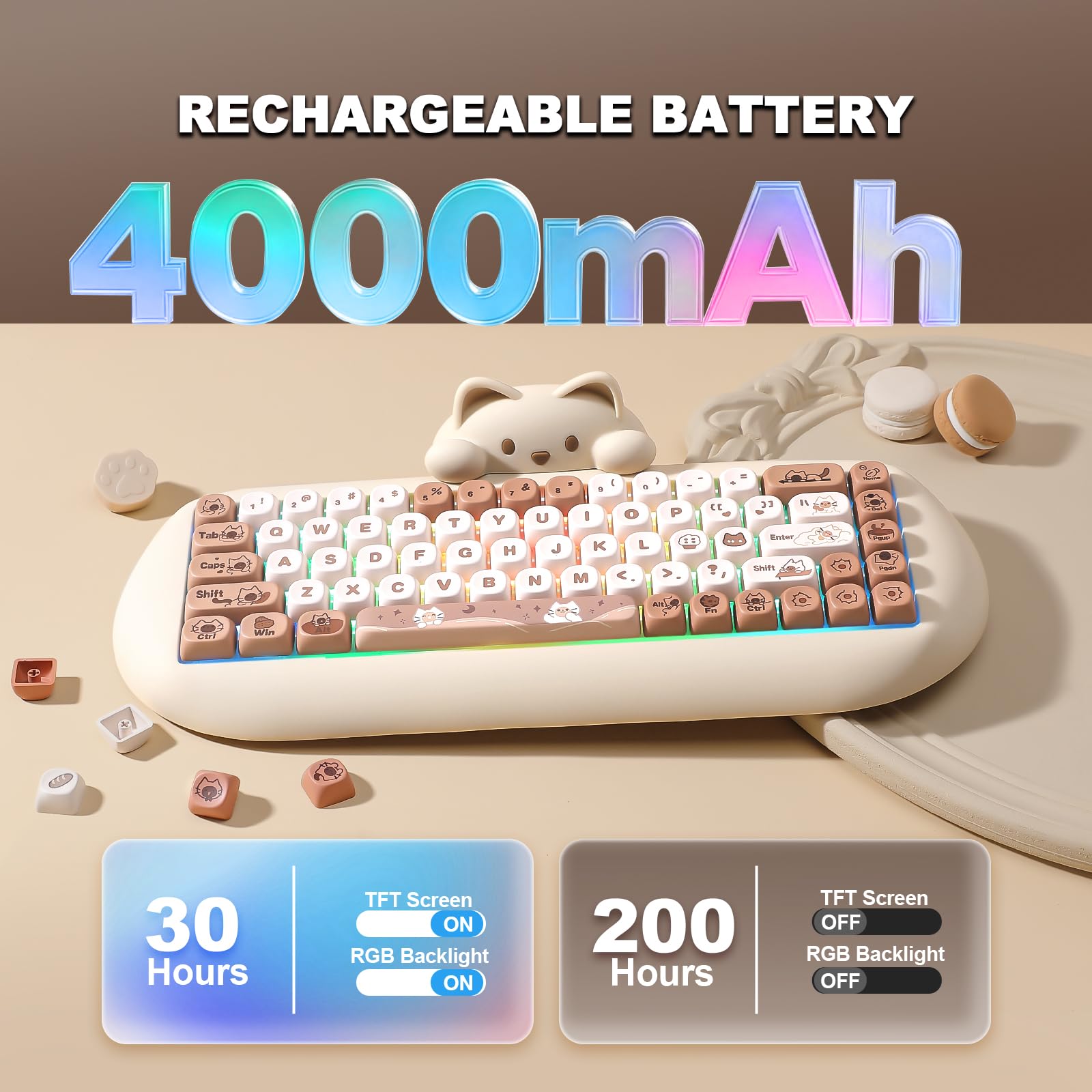 YUNZII C68 Tastiera meccanica senza fili,65% Gaming Keyboard Hot Swap,Tripla modalità BT5.0/2.4G/Cavo,RGB Retroilluminato NKRO,Cat Silicone Ergonomic Keyboard per Win/Mac (fratello, Cambio di latte)