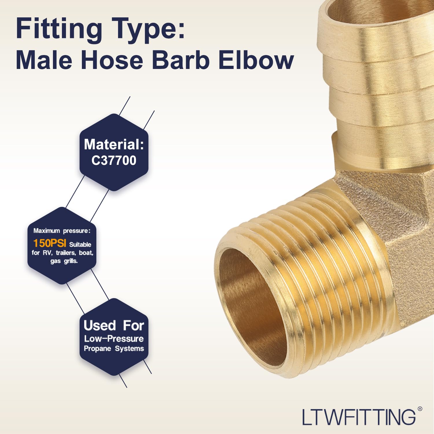 LTWFITTING 90 Degree Elbow Brass Barb Fitting 1-Inch ID Hose x 3/4-Inch Male NPT Fuel Boat Air(Pack of 2)