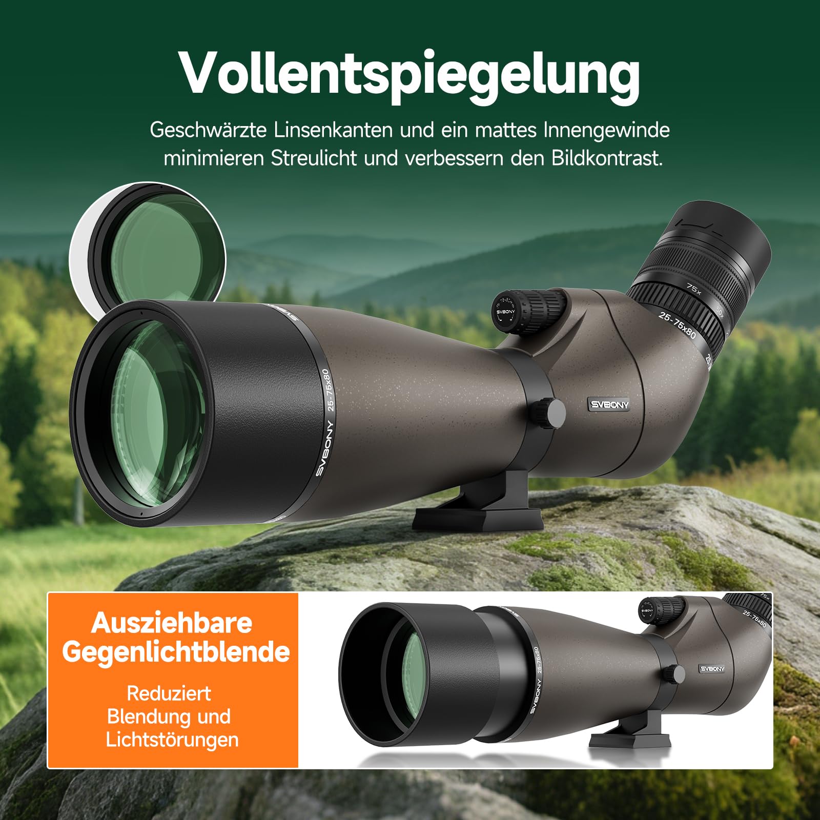 Svbony SV29 25-75x80mm Cannocchiale con attacco a coda di rondine e Treppiede, ampio campo visivo, prisma di Porro FMC, con adattatore per smartphone per tiro al bersaglio, birdwatching e osservazione