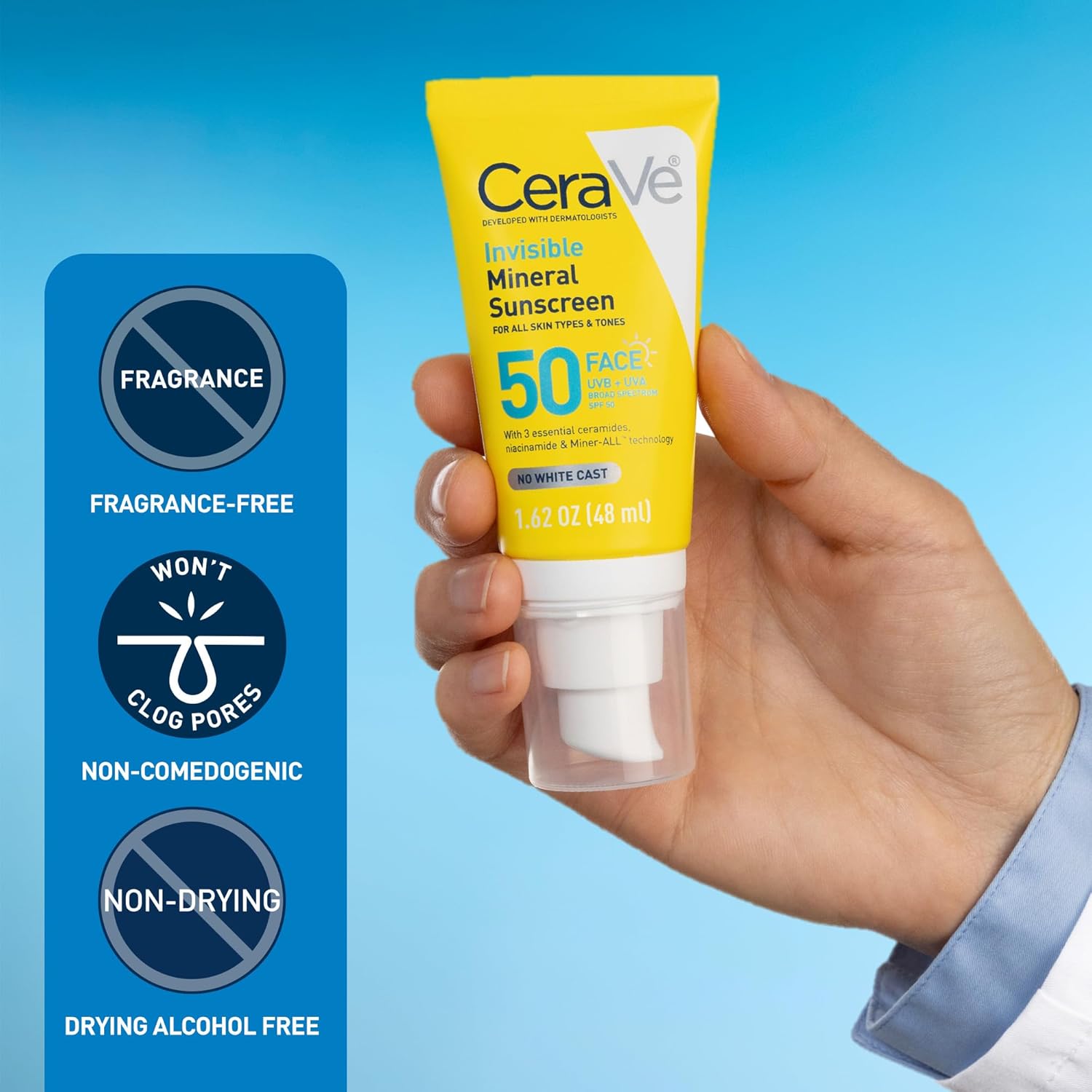 CeraVe Invisible Mineral Sunscreen SPF 50, Face Sunscreen for Sensitive Skin With Zinc Oxide & Titanium Dioxide, Vitamin E + Niacinamide + Ceramides, Oil Free, Travel Size 1.62 oz - Image 4