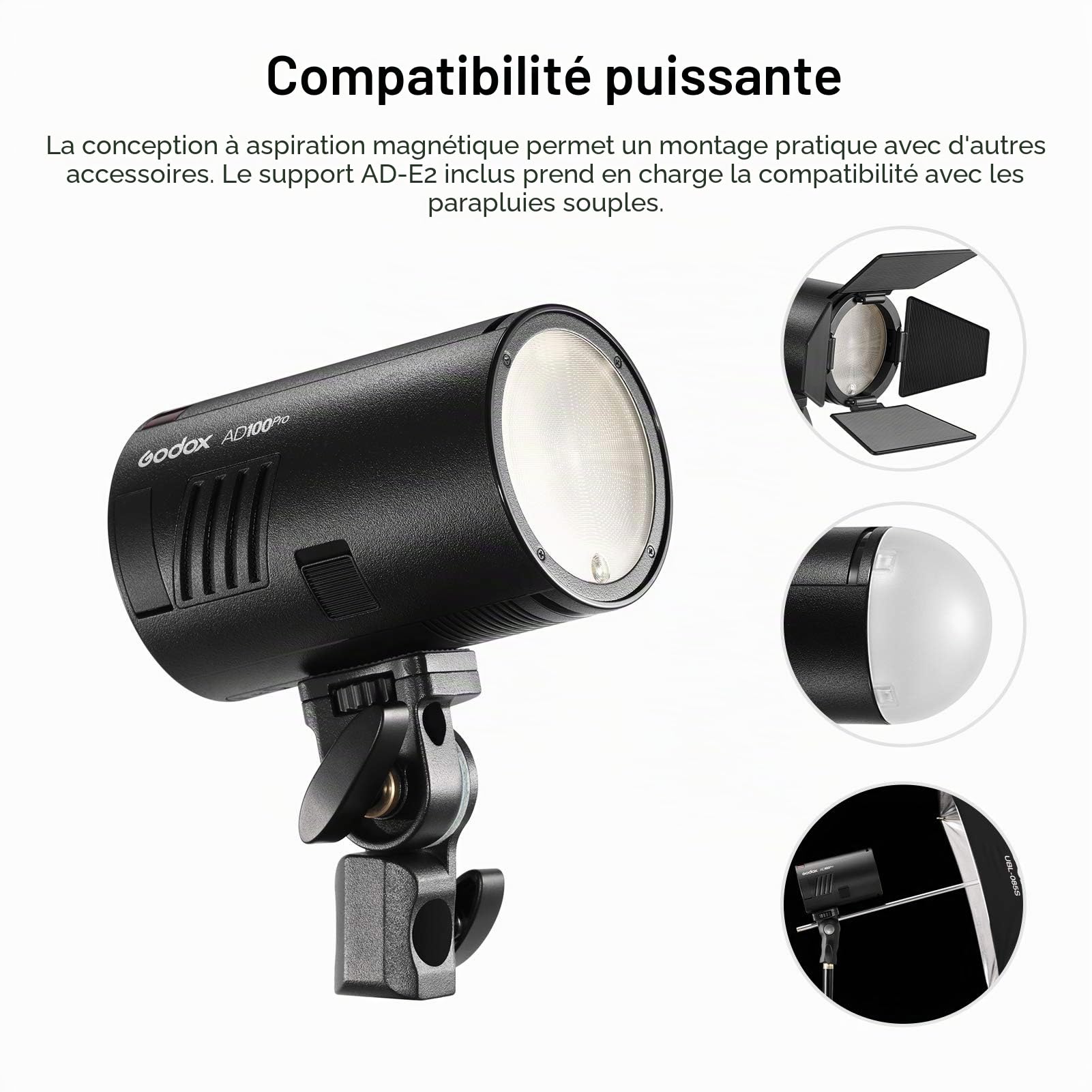 GODOX AD100Pro Lampe Flash de Studio de Poche pour Portrait Ecran OLED 5800K 1/8000s Sync TTL/Multi/M Flash intégré 2.4G Wireless X System 5 Groupes 32 canaux avec Batterie Rechargeable 2600mAh