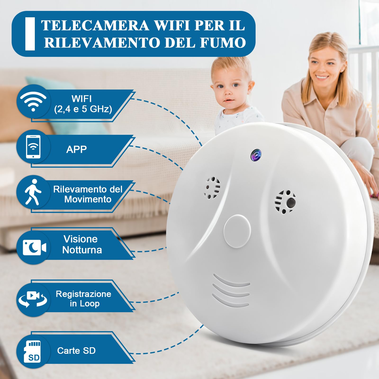 Telecamera Nascosta Wi-Fi a 2,4 e 5 GHz, Telecamera Nascosta Rilevatore di Fumo, Mini Telecamera Nascosta WiFi, Telecamera Spia Nascosta HD 1080P con Rilevamento del Movimento e Visione Notturna