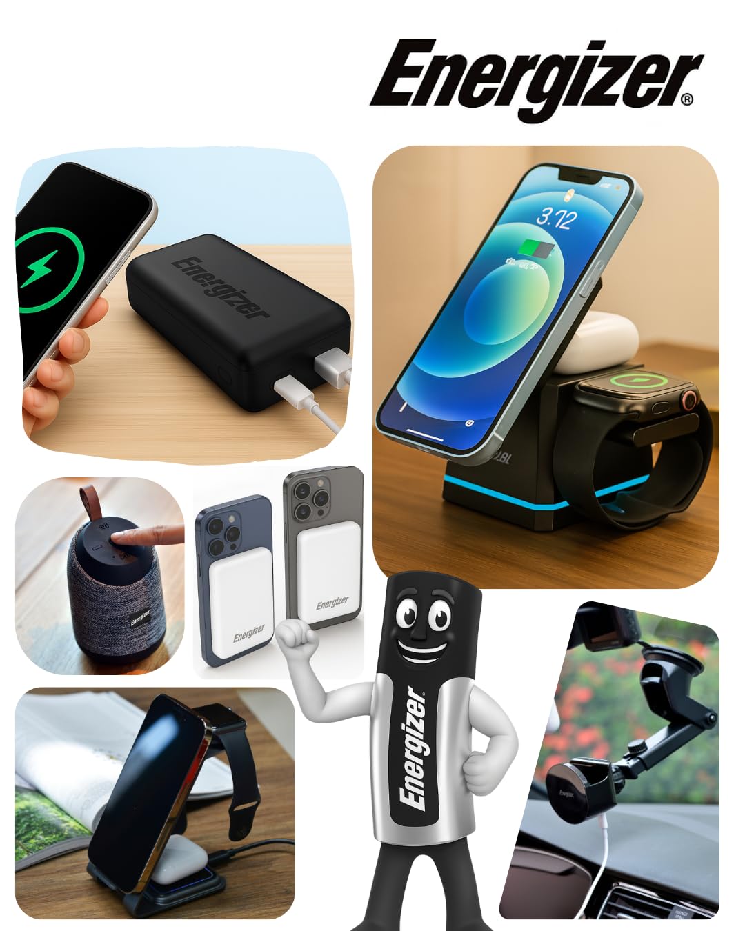 Energizer WCP307 3-1 Cargador de escritorio inalámbrico de 15 W | Carga rápida para smartphone, auriculares y Apple Watch, compatible con MagSafe, soporte plegable con soporte ajustable, USB-C, seguro