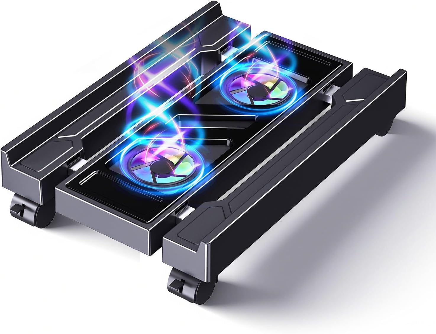 Pc Stand with Fan, Adjustable computer tower stand, Cpu Stand with 4 Rolling Caster Wheels,Fits Most PC Under Desk-Black