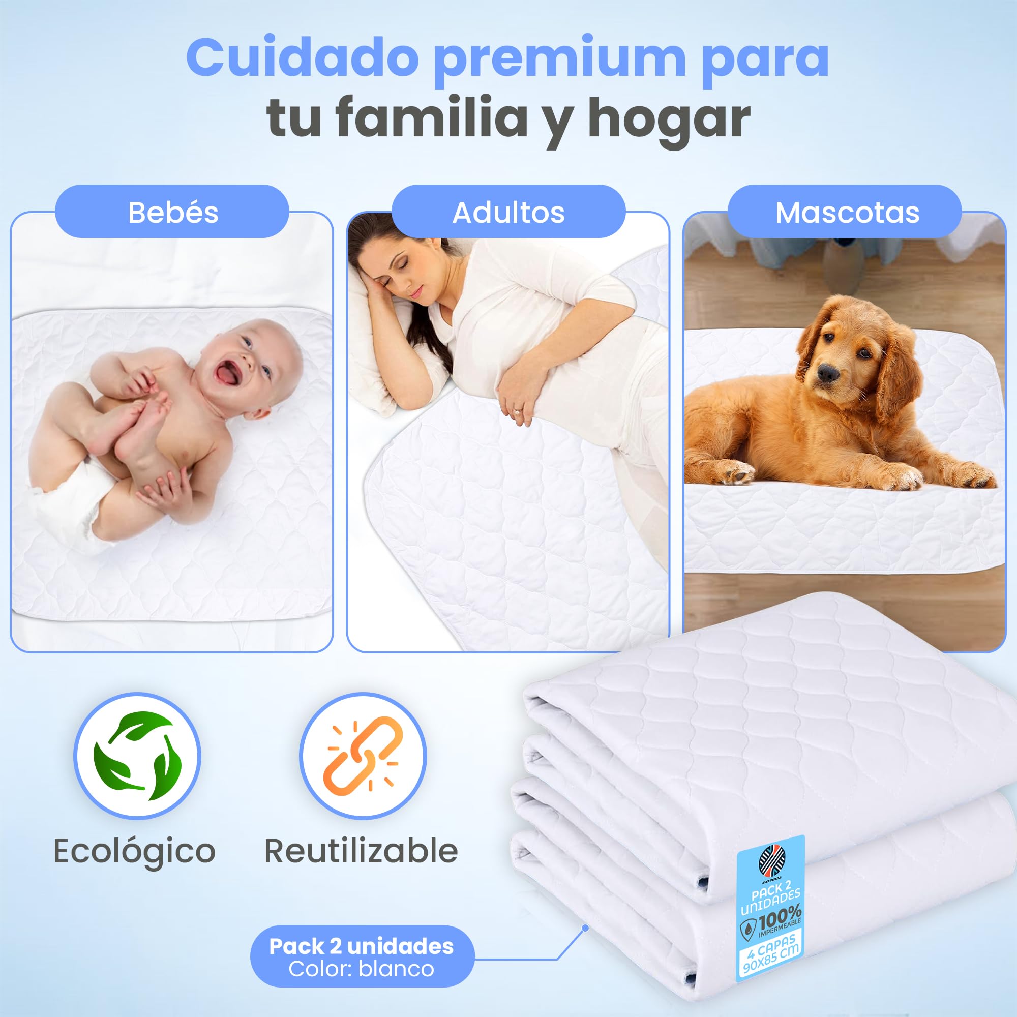 Empapadores cama adultos pack 2 unidades. Blancos. Lavables 90x85 cm 4 Capas | Protector cama Reutilizable. Fabricado España. Ideal también para niños, protector colchón bebé y mascotas.