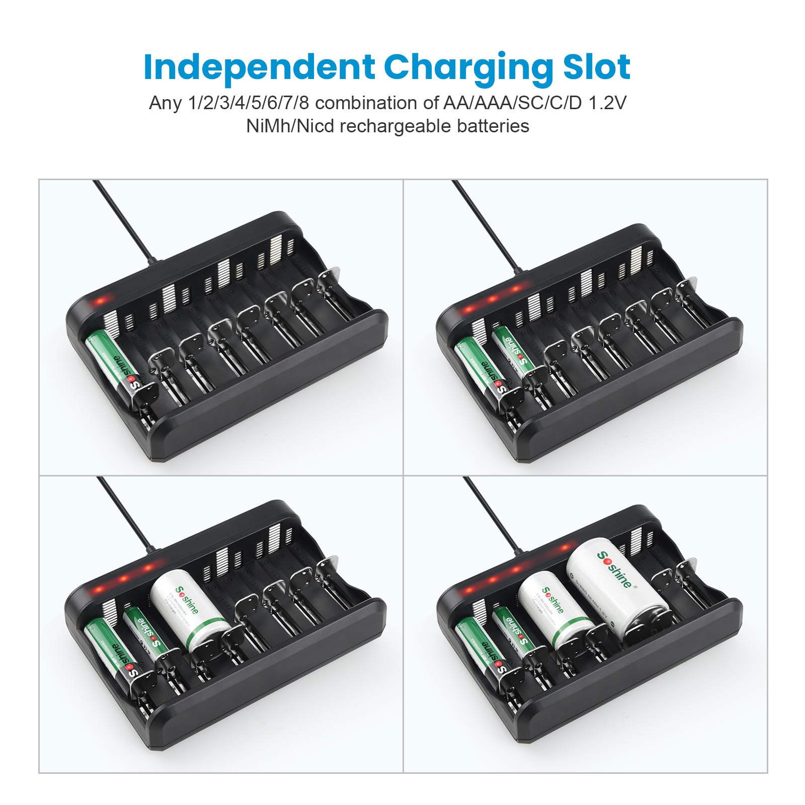 Batteries D rechargeables avec chargeur, chargeur de batterie intelligent à 8 baies avec 4 piles D 11000 mAh pour AAA/AA/SC/C/D Ni-MH Ni-CD
