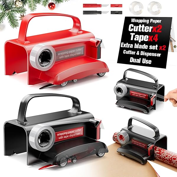 2-Pack Wrapping Paper Cutter with Wheels & Tape Dispenser - Gift Wrap Tool Kit with Replaceable Blades for Christmas, Birthday - Safe, Efficient, and Precise Cutting