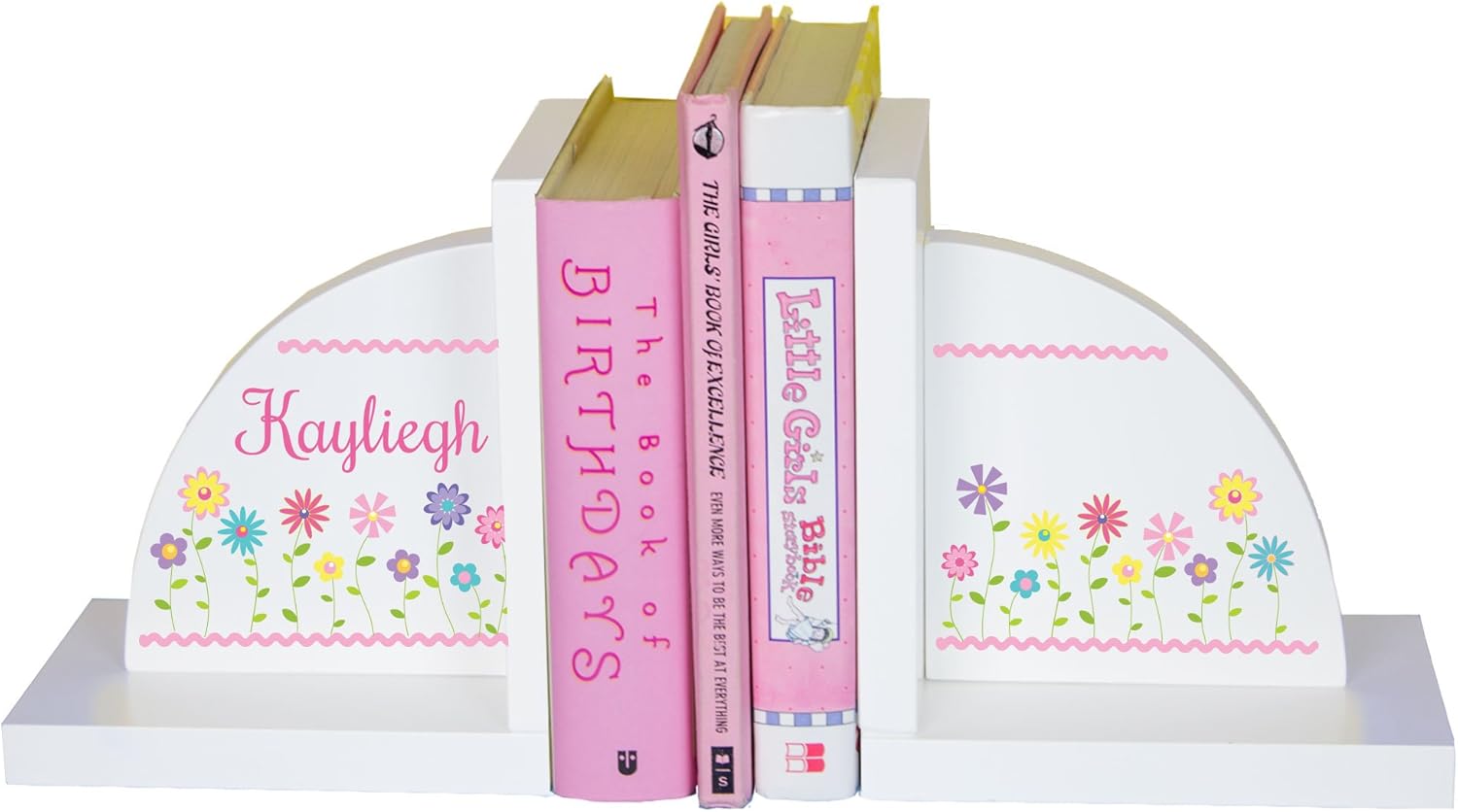 My Bambino Girl's Personalized White Wood Bookends with Floral (Stemmed Flower) for Children's Books Nursery Bedroom Book Storage | Baby Shower & Nursery Gift