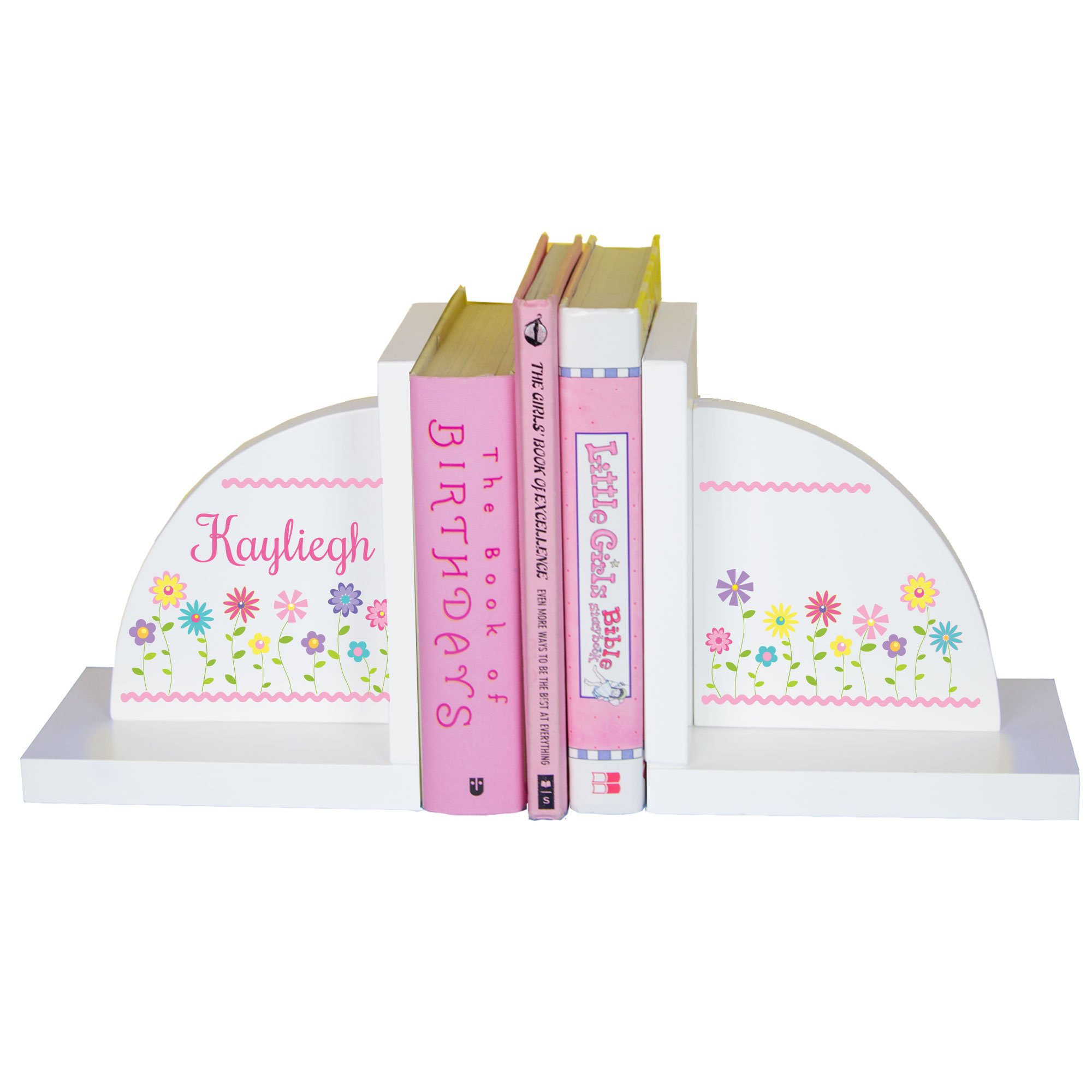 My Bambino Girl's Personalized White Wood Bookends with Floral (Stemmed Flower) for Children's Books Nursery Bedroom Book Storage | Baby Shower &