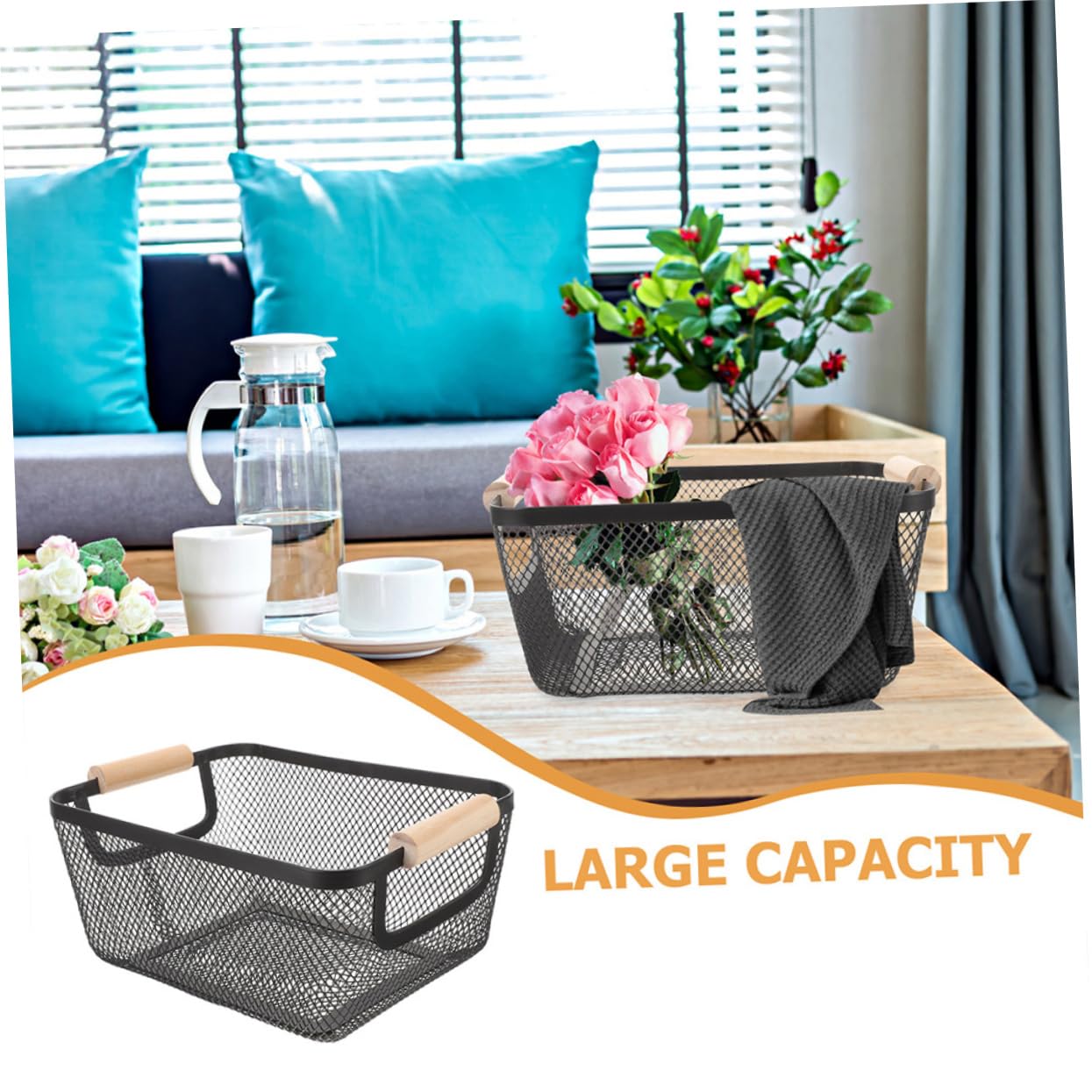 2piezas Cestas De Almacenamiento Mangos De Madera Organizador De Malla Metálica Para Cocina y Baño Estilo Nórdico Para Picnic y Hogar