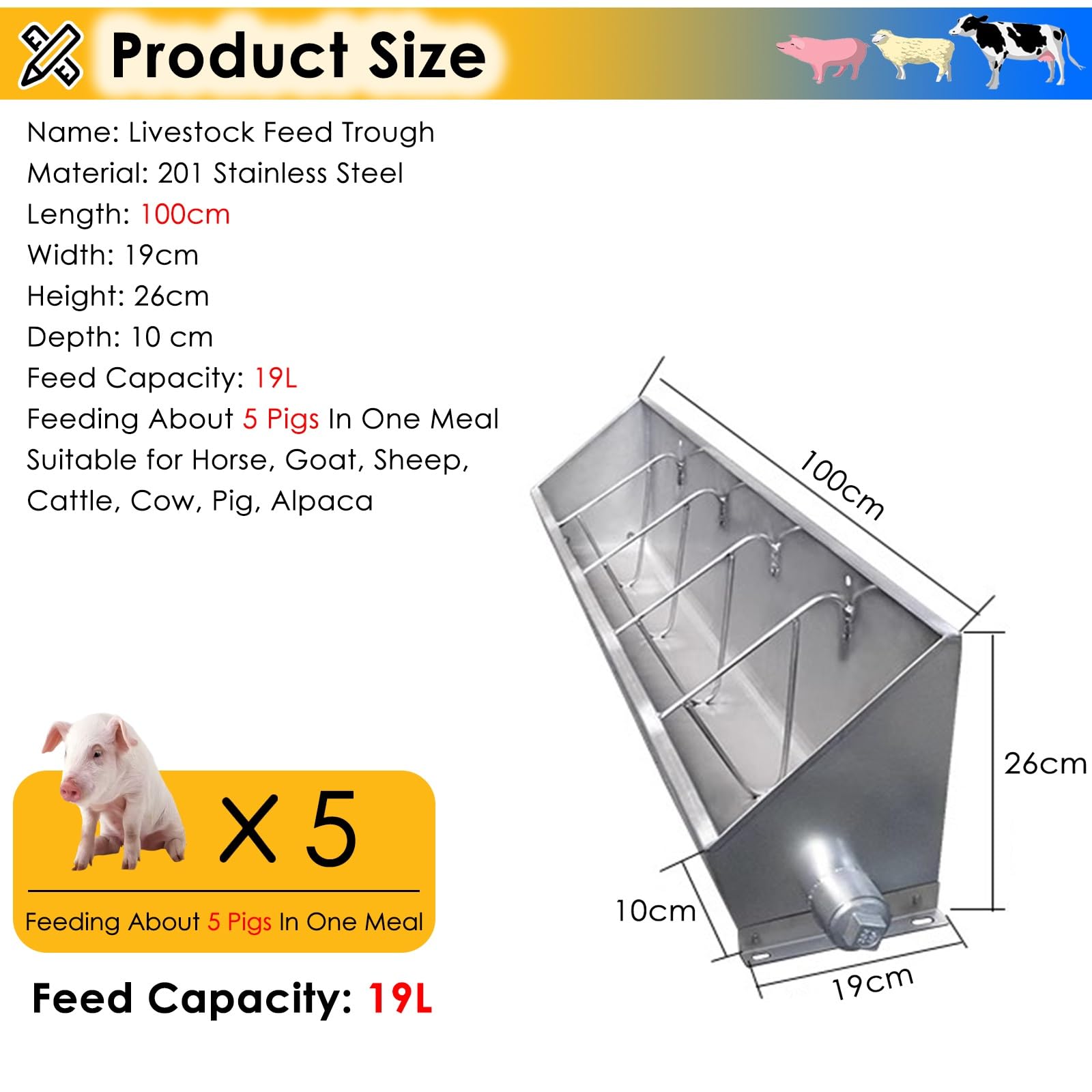 Comedero Grande de Metal para gachas con Drenaje, comedero Colgante para Ganado (Cerdos y Caballos), Longitud de 100-200 cm, Ideal para Granjas, establos y Corrales (Capacidad para 5 Cerdos