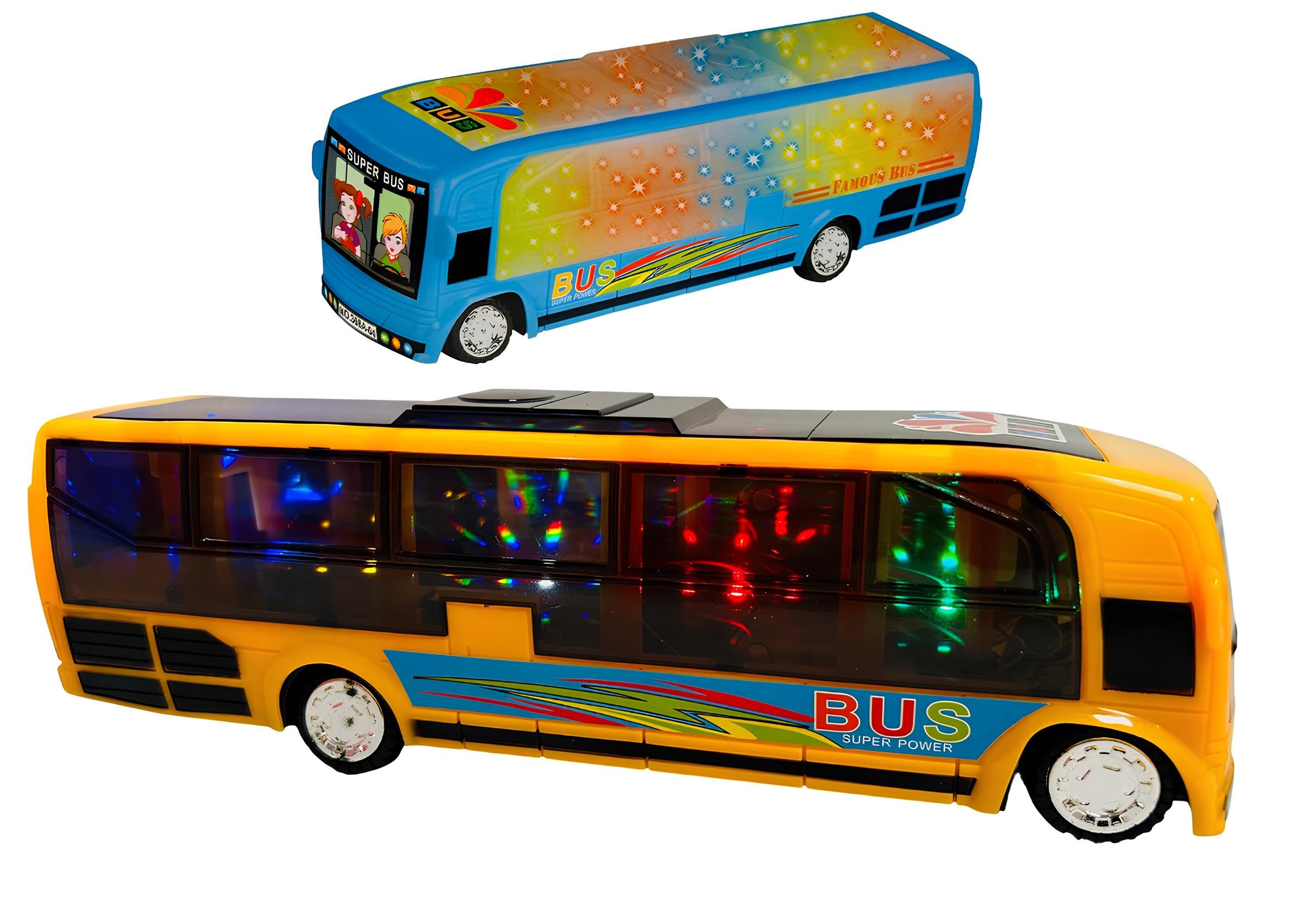 Bus Giocattolo Luci Suoni Musica Bus Grande cm 26 Pullman Giocattolo per Bambini Luci Suoni Movimento a Mistero Bump & Go Scuola Buss Autobus Multifunzione Scala 1:16 ,Colori Assortiti Colore Casuale