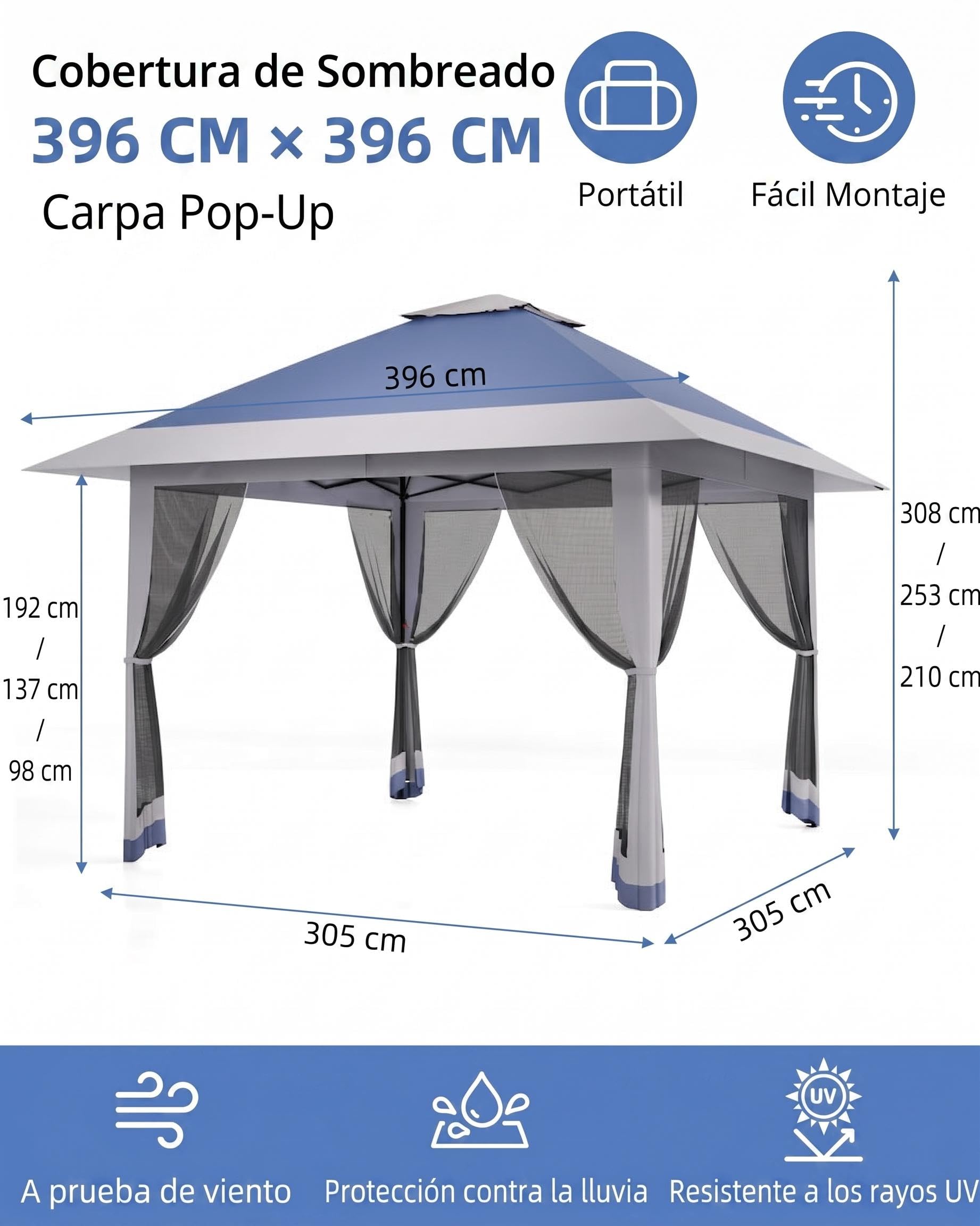 GarveeLife Carpa Plegable Pop-up 3x3 m Cenador con Techo Doble Cobertura Sol Extraancha, Mosquitera, Altura Ajustable 3 Niveles, Impermeable y Antiviento, Pergolas de Jardin para Fiesta y Camping-Azul