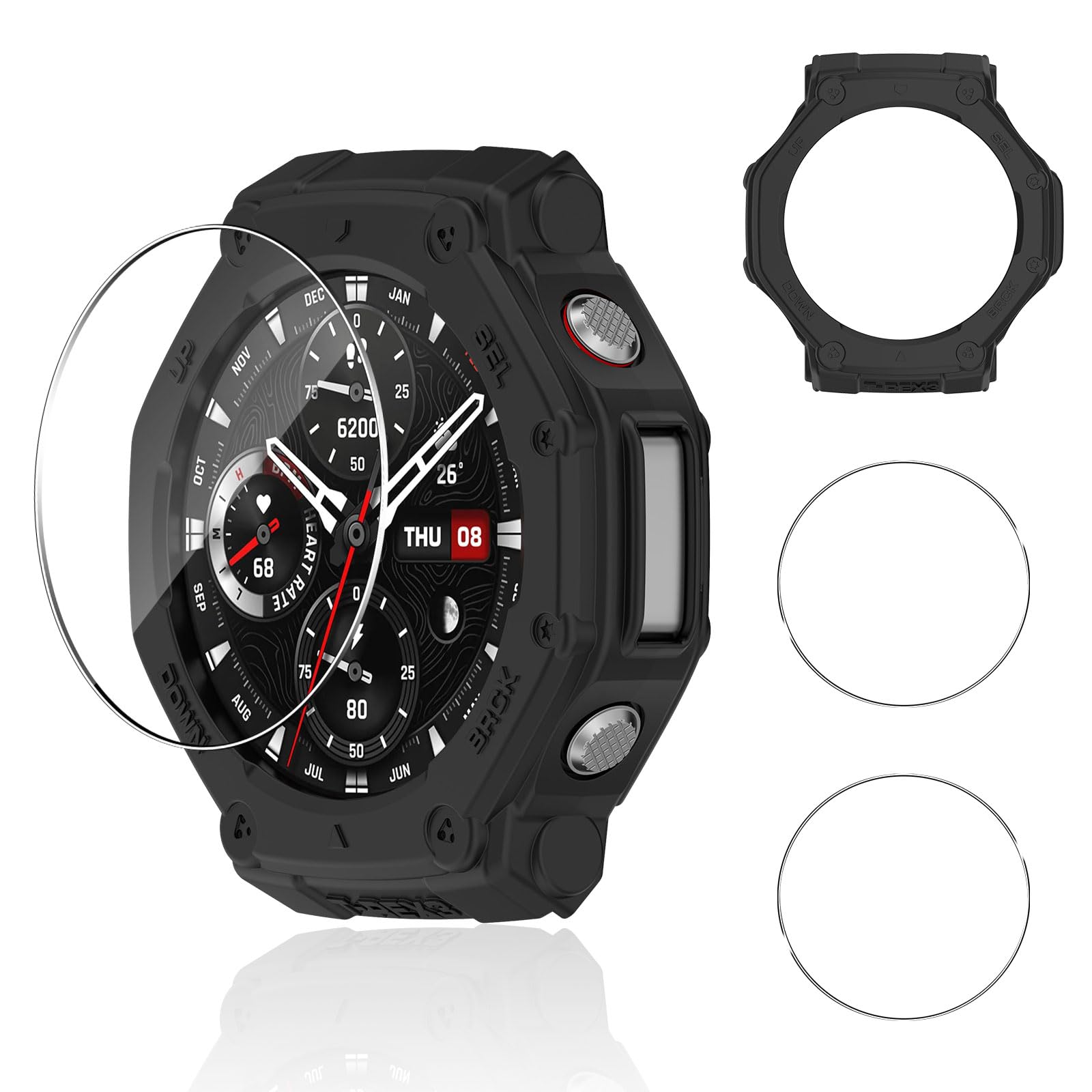 Funda para Amazfit T-Rex 3, 9H HD Cristal Templado Protector de Pantalla*2，Anti-Choque Parachoques Anti-rasguños Protector Silicona suave Marco Funda - Negro | 9H HD Cristal Templado Protector de Pantalla*2，Anti-Choque Parachoques Anti-rasguños Protector Silicona suave Marco Funda
