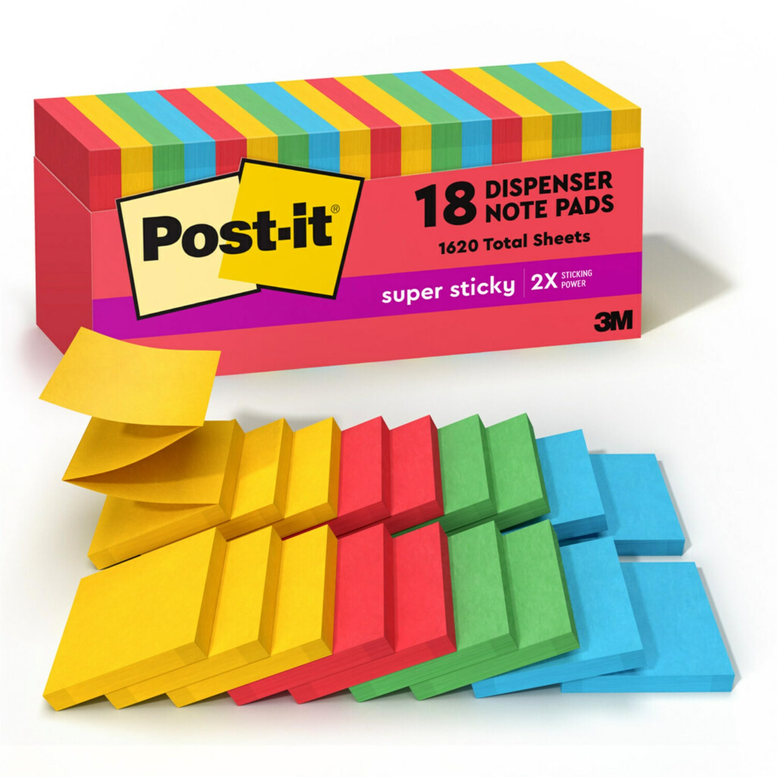 Post-it Super Sticky Dispenser Pop-Up-Notizblöcke, 18 Haftnotizblöcke, 1620 Blatt, 7,6 x 7,6 cm, 2 x Haftkraft, Schul- und Bürobedarf, Verwendung mit Post-it Notizspendern, Playful Primaries