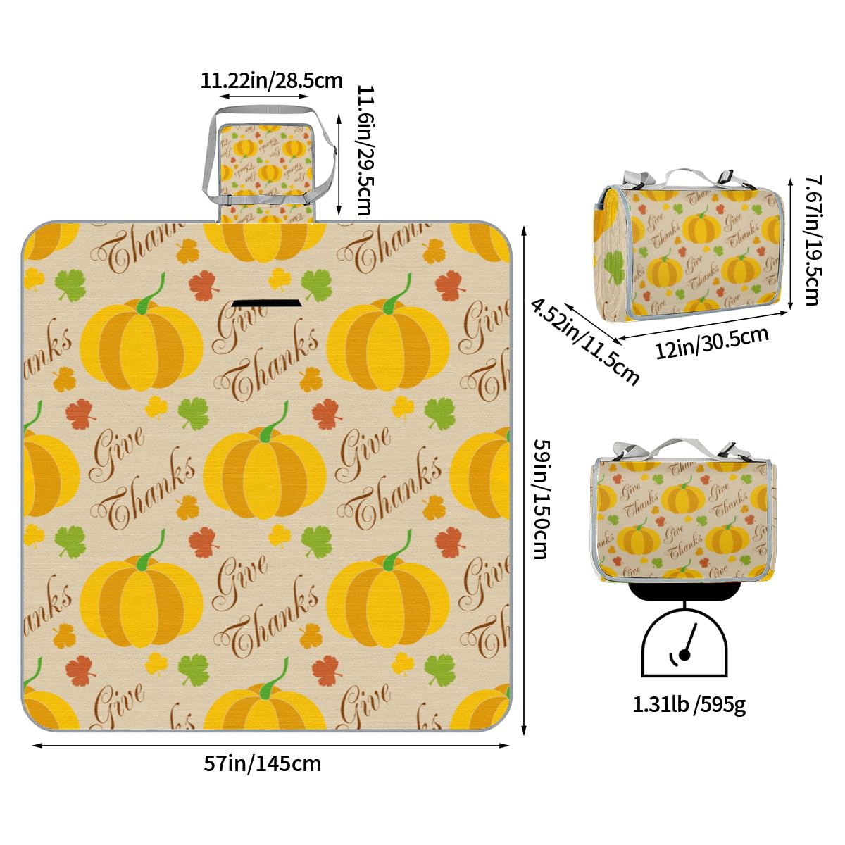 Shimoshe Picnic Blankets 57”x 59”, Thanksgiving Pumpkin Waterproof Sandproof Picnic Mat Lightweight Foldable Beach Blanket for Camping Park Grass Beach Outdoor Blanket
