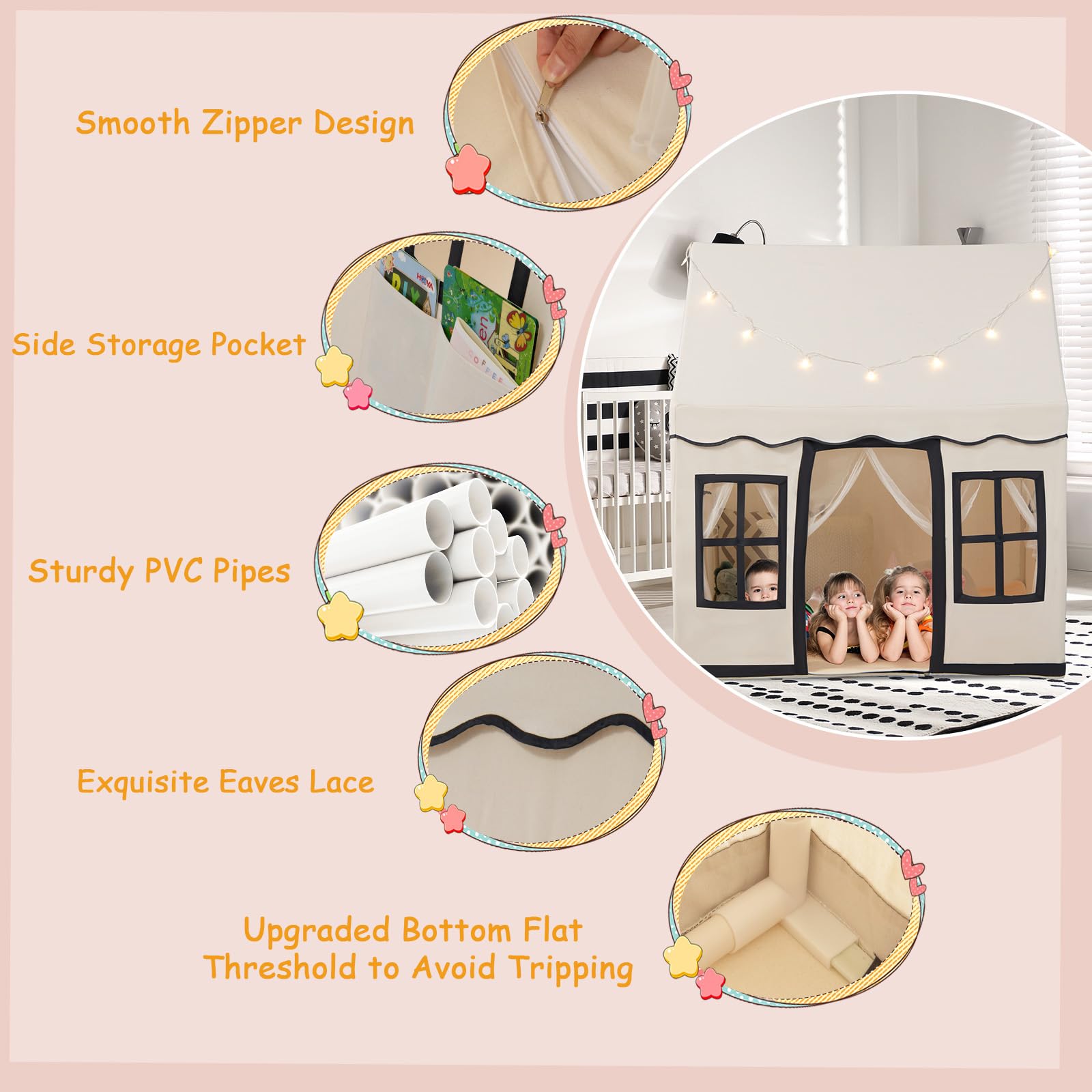 HOMASIS Tenda per Bambini in Cotone, Casa da Gioco per Bambini con Luci Stellari, Borsa per il Trasporto, Tappetino, Regalo per Ragazzi e Ragazze, Tenda da Gioco Interni e Cameretta (Beige+nero)