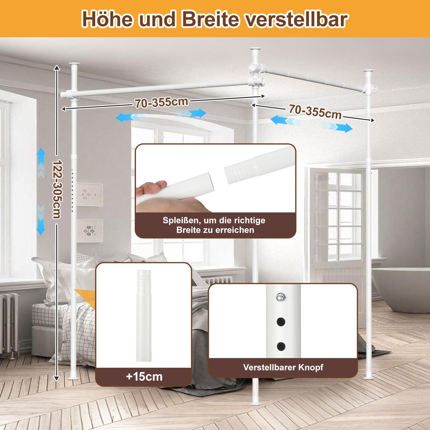 Asta divisoria per tende, senza fori, indipendente, senza tenda, regolabile, altezza 122-320 cm, larghezza 70-355 cm, protezione privacy per soggiorno, bianco