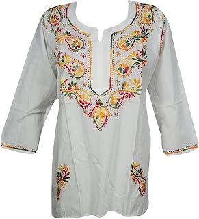 Mogul Interior Womens Tunic Top Handmade Paisley Embroidered Elegant Style Top Blouse Bikini Cover up (Chest : 36)
