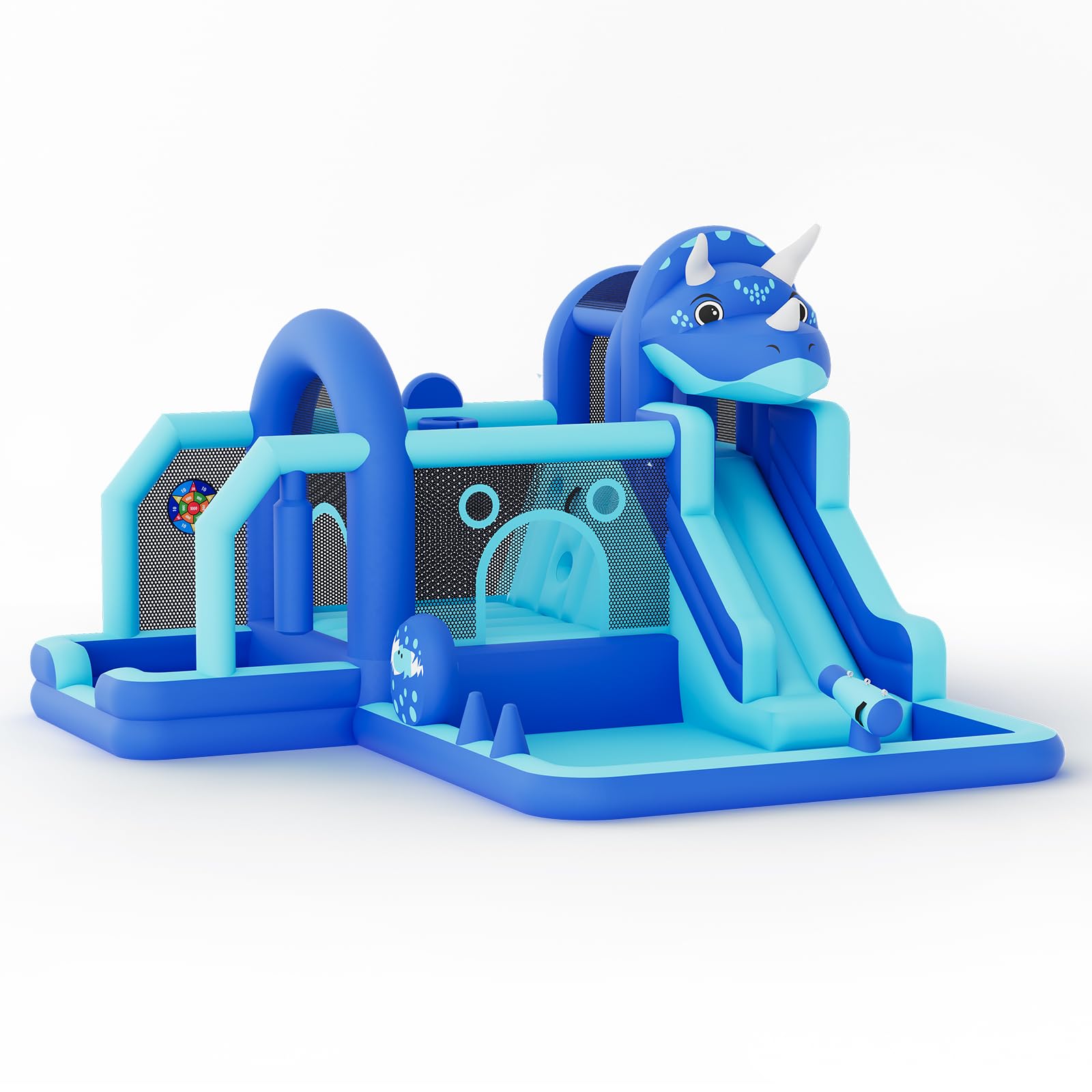 Château Gonflable Structure Dinosaure en Tissu Oxford, Jeux Gonflable Enfant Exterieur, avec Souffleur, Trampoline, Toboggan, Mur d'escalade, Aire De Jeux, pour 3-10 Ans, Capacité 113 kg, Bleu