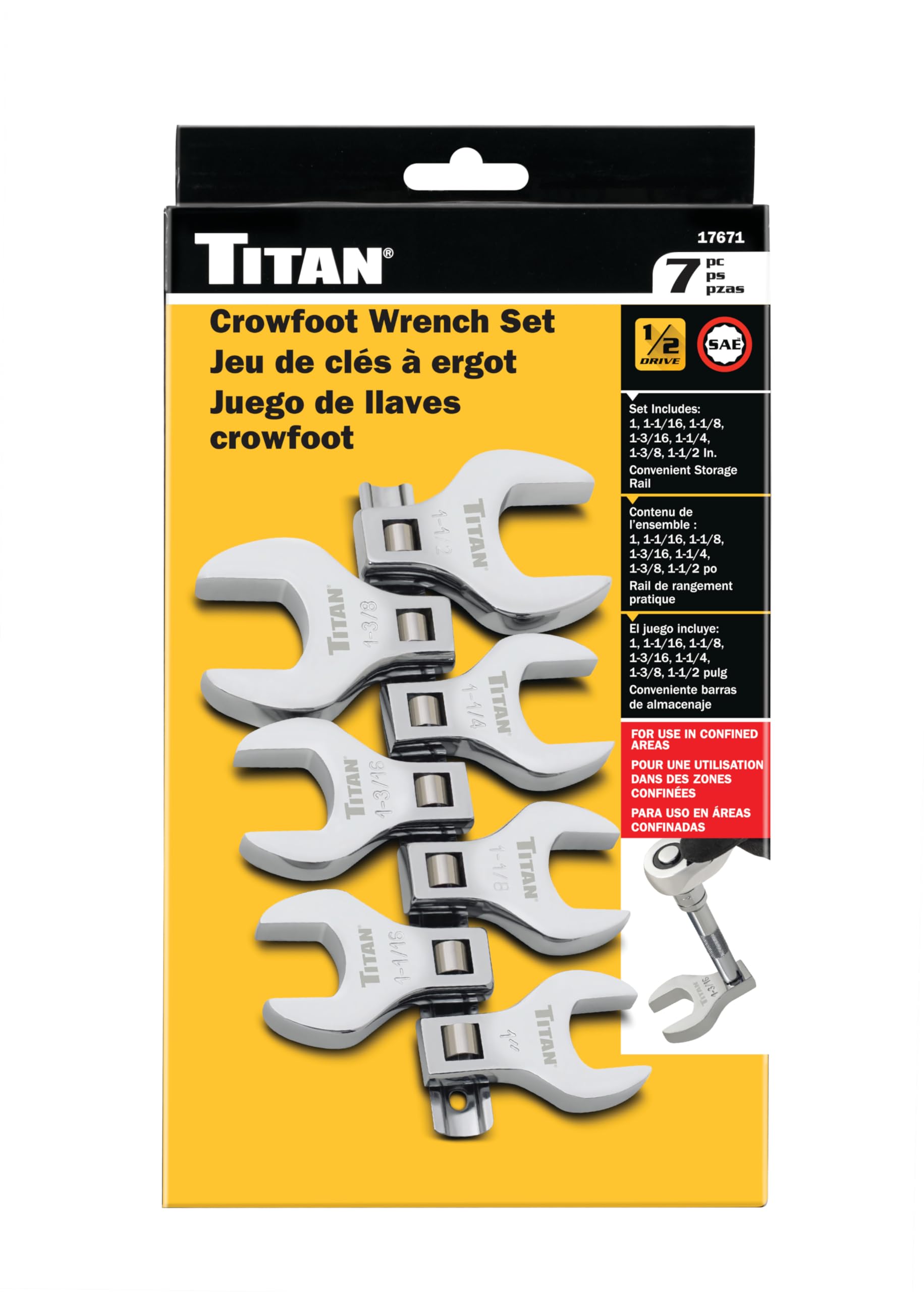 Titan 17671 Jeu de 7 clés à molette SAE Jumbo Crowfoot 1/2"