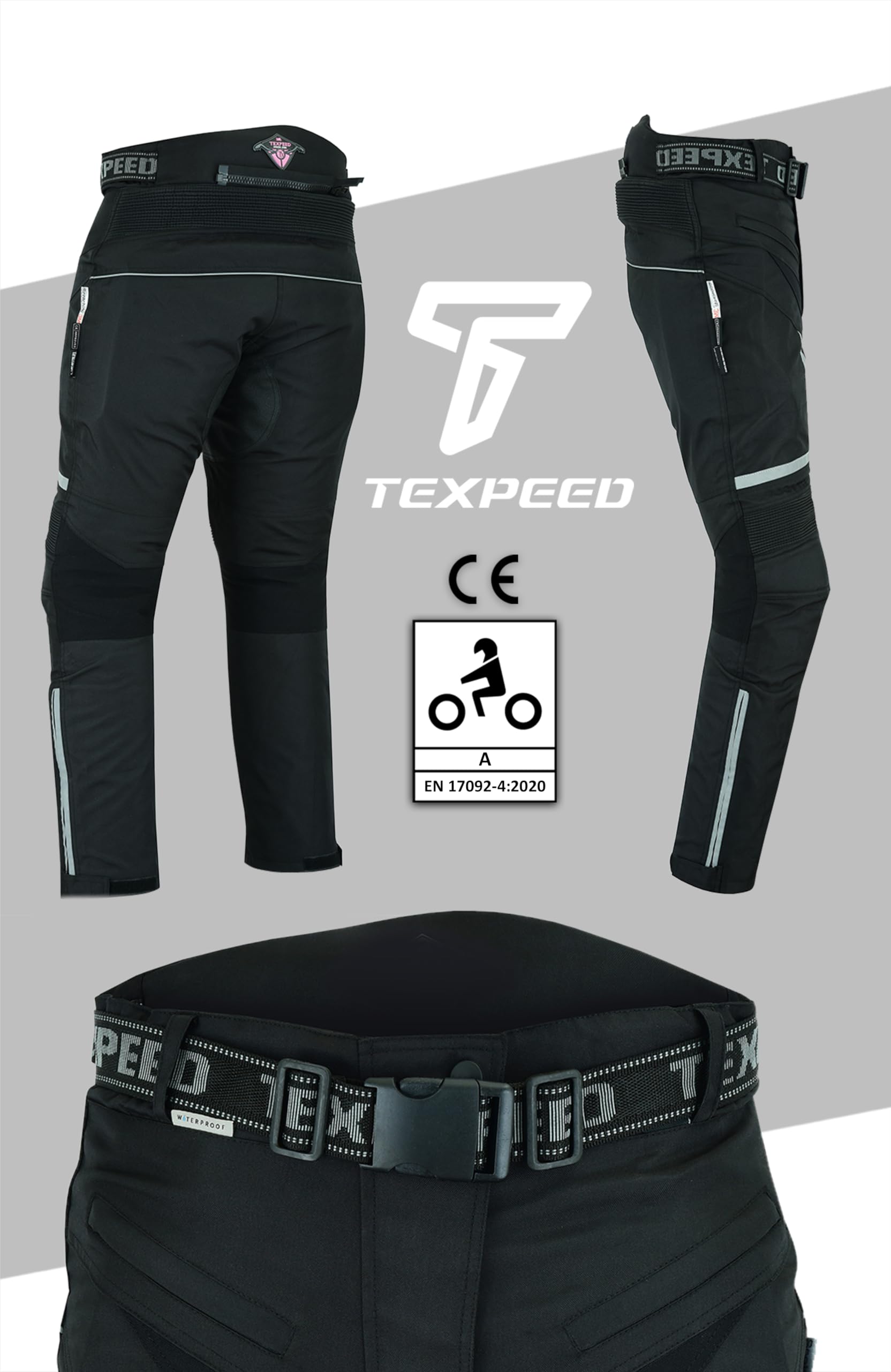 Texpeed Pantalon Moto Femme Homologué - Textile Scooter Imperméable Pour été ou l'hiver - Armure certifiée CE (EN 1621-1) Protection Noir - 5XL Taille/Réguliére Jambe