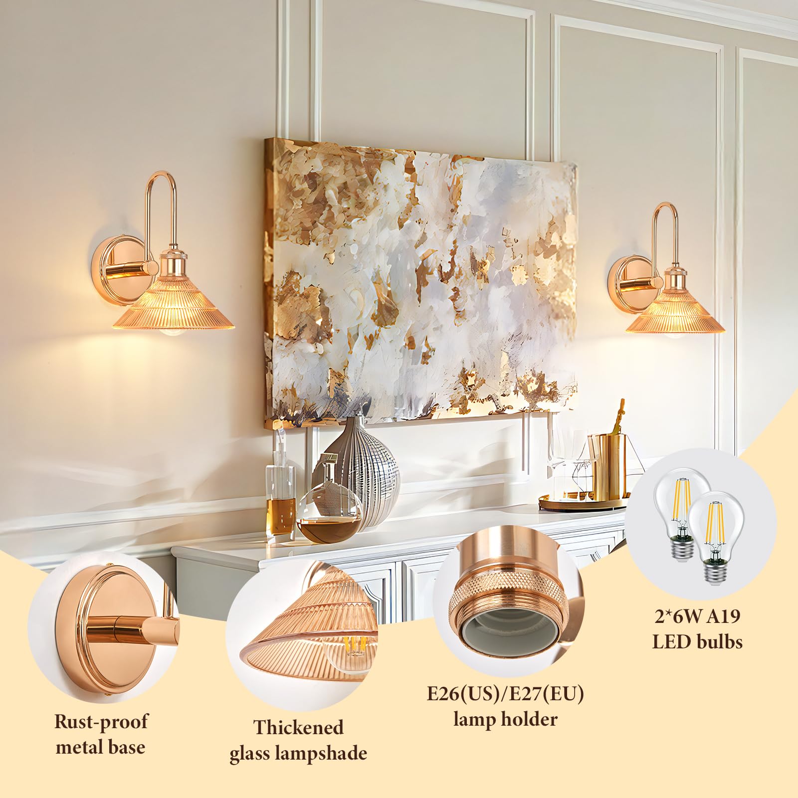 Wandleuchte Set 2-tlg, Goldfarben Vintage Wandlampe mit Rundem Bernsteingelben Glasschirm, Festverkabelte Wandleuchten für Schlafzimmer, Badezimmer, Wohnzimmer | Inkl. 2 LED Birnen