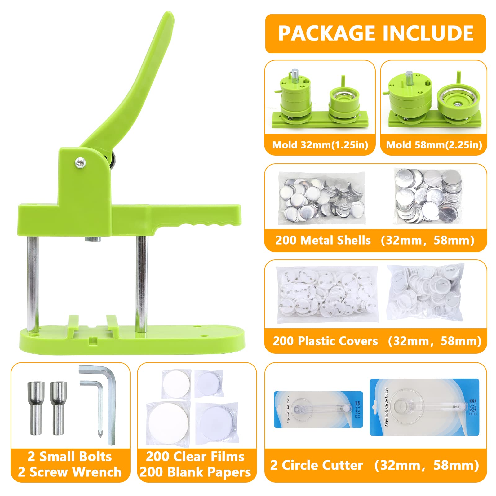 Button Maker Machine - Multiple Sizes 1.25in+2.25in, Kit for DIY Gifts, Button Press Machine with Free 200PCS 32-58mm Supplies & 2 Circle Cutter