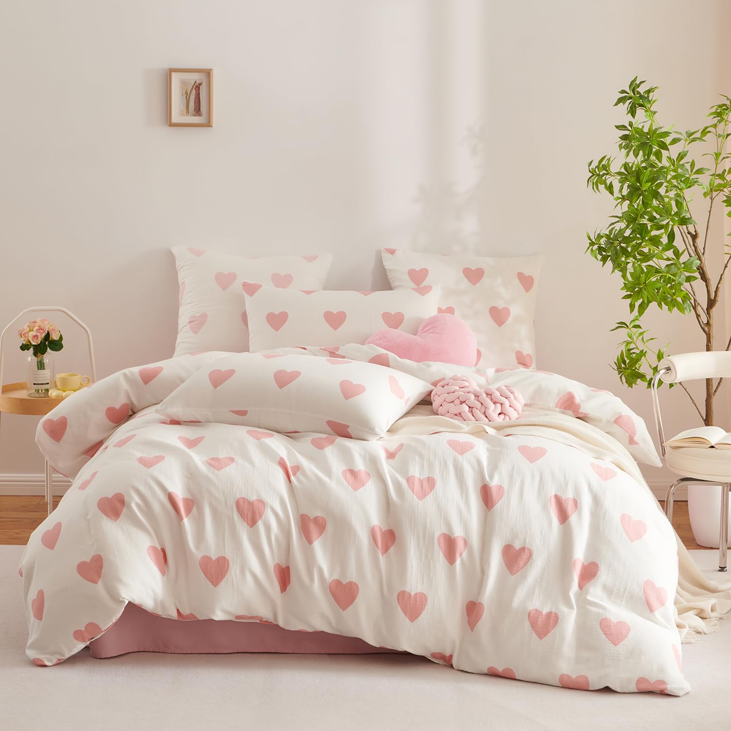 Doppelte Musselin Bettwäsche 135x200 Baumwolle Rosa Herzen Herz Weich Renforce Baumwollbettwäsche Set Herzchen Rosa Weiß ÖKO-TEX Bettbezug mit Reißverschluss und Kissenbezug 80x80 cm