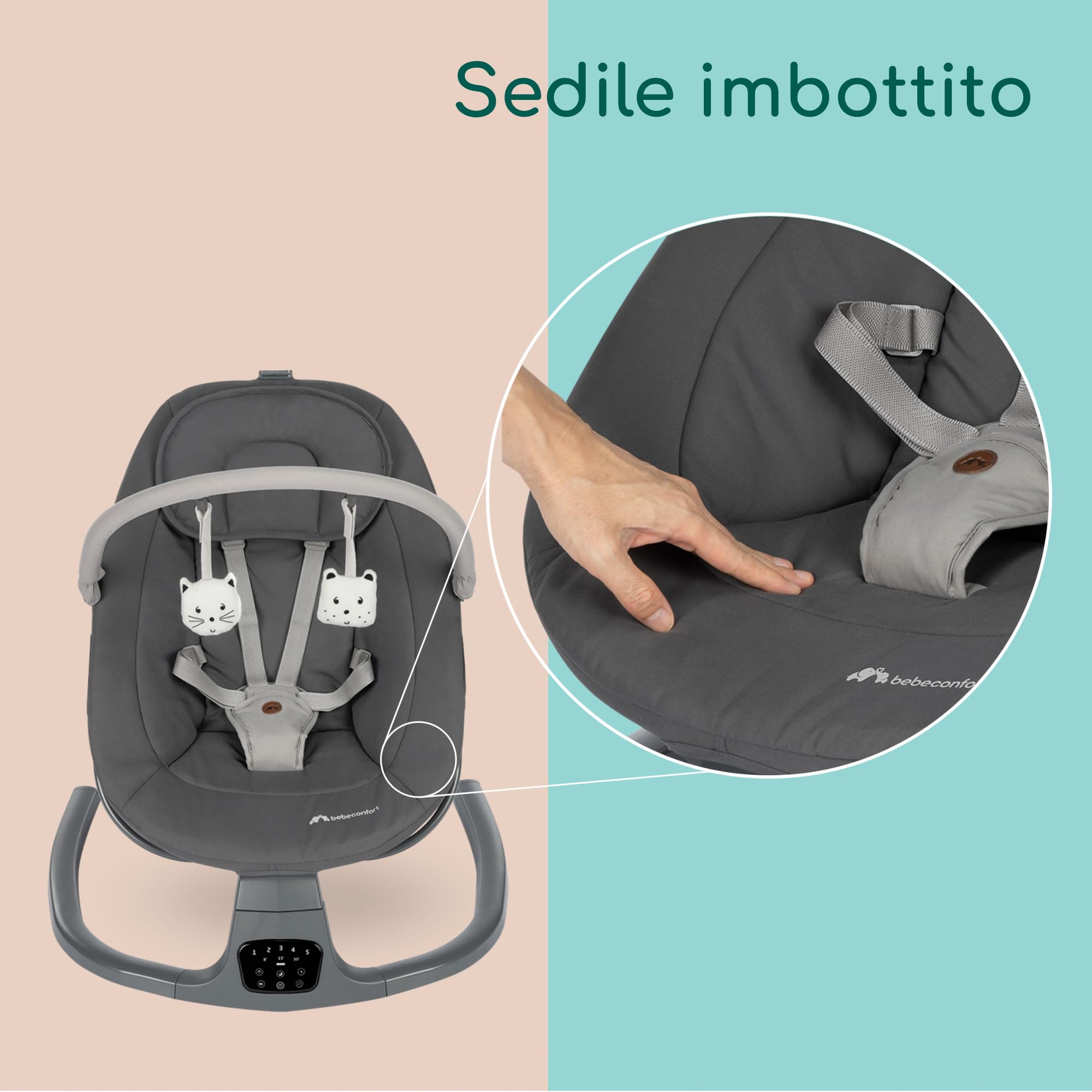 Bebeconfort Jolana, Sdraietta Neonati Elettrica, 0-6 mesi (9kg), Altalena Neonato, Rilevamento Movimento, 12 Brani Rilassanti, 5 Suoni della Natura, Schienale Regolabile 2 Posizioni, Tinted Graphite