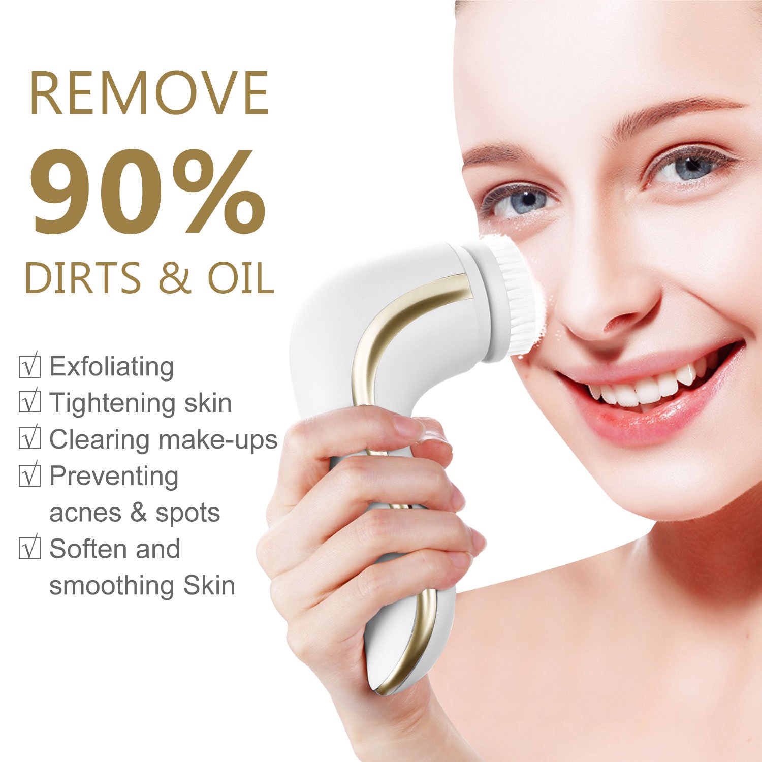 OKACHI GLIYA Cepillo Facial Limpiador Eléctrico con IPX7 Impermeable del Agua Exfoliante de Piel Limpieza Profunda con 2 Cabezales de Cepillo – Dorado