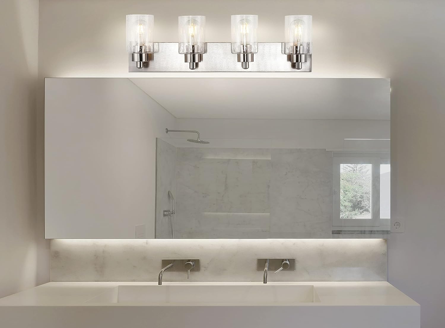 JONATHAN Y 27.75" Nickel 4-Light Modern LED Vanity Light for Bathroom Mirror, Mid-Century Wall Sconce with Clear Seeded Glass Shades, Contemporary Iron Fixture, LED Bulbs (JYL7558A)