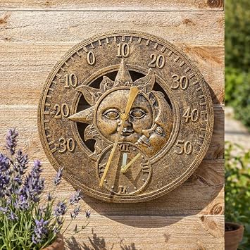 Garden Mile Large Bronze Sun & Moon Outdoor Clock and Thermometer - 30cm Weatherproof Round Wall Clock Thermometers - Outdoor Wall Ornaments for Garden Decor, Wall Clocks for Living Room & Kitchen