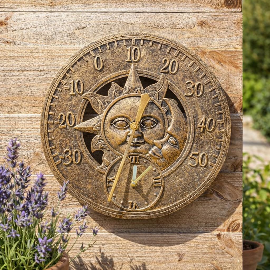 Garden Mile Bronze Sun & Moon 30Cm Clock Large Bronze Sun & Moon Outdoor Clock And Thermometer - 30Cm Weatherproof Round Wall Clock Thermometers - Outdoor Wall Ornaments For Garden Decor, Wall Clocks For Living Room & Kitchen