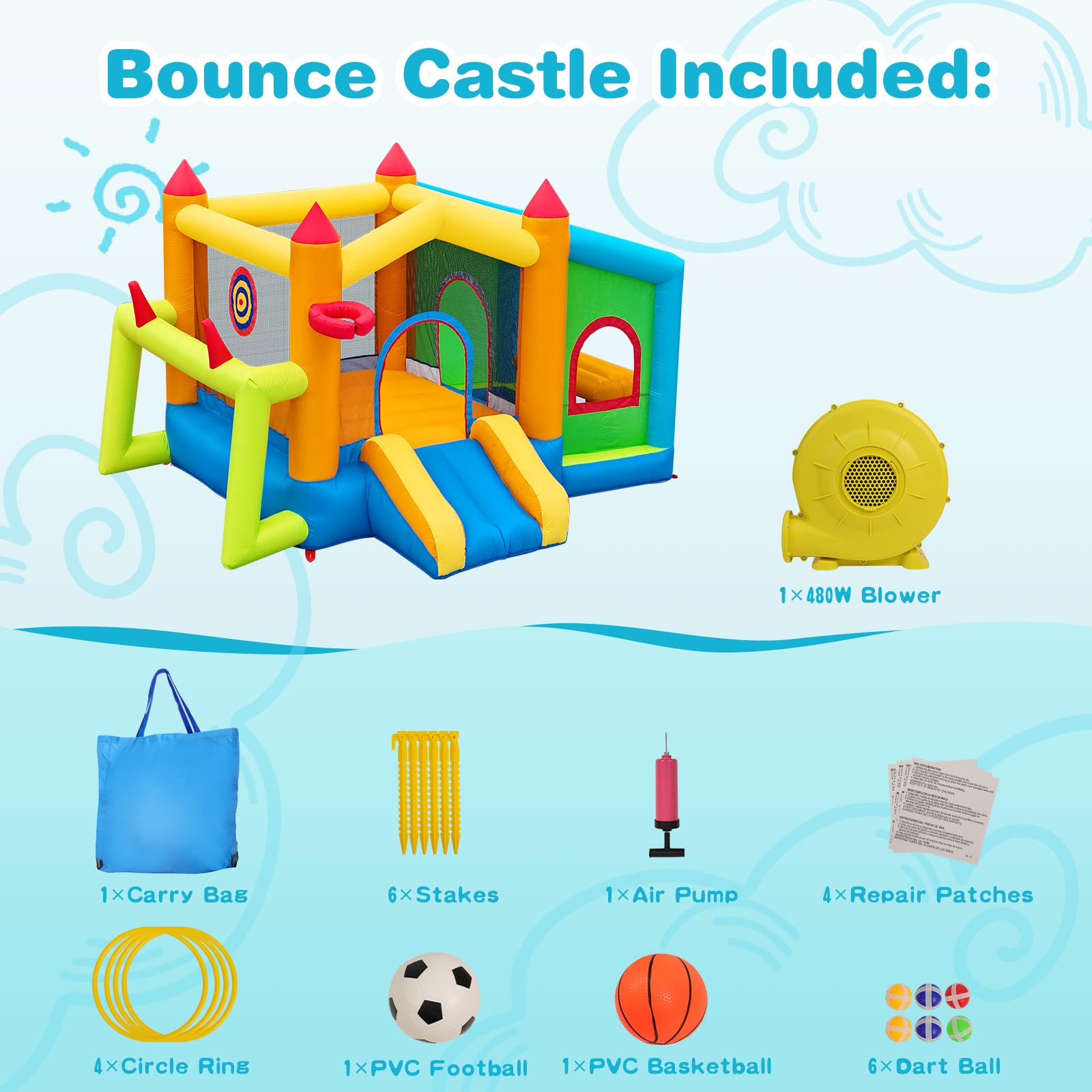 FBSPORT hüpfburg Outdoor mit gebläse hüpfburg mit Wasserrutsche Indoor, hüpfburgen Kinder Kinder Bounce Castle mit Ball Pit Pool, Basketball Reifen, Dart Spiel
