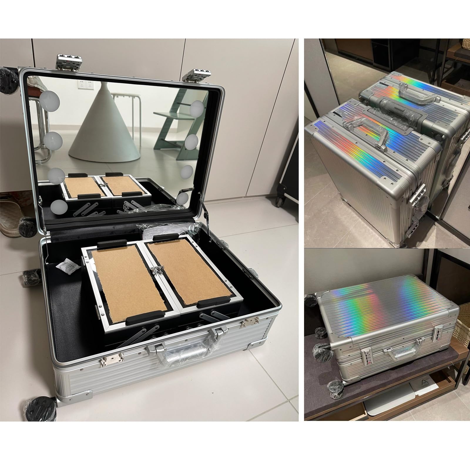 Kosmetyczki, podróżne kosmetyczki, aluminiowy wózek do makijażu ze światłami LED, profesjonalny organizer kosmetyków studyjnych, 3 odcienie światła, UK
