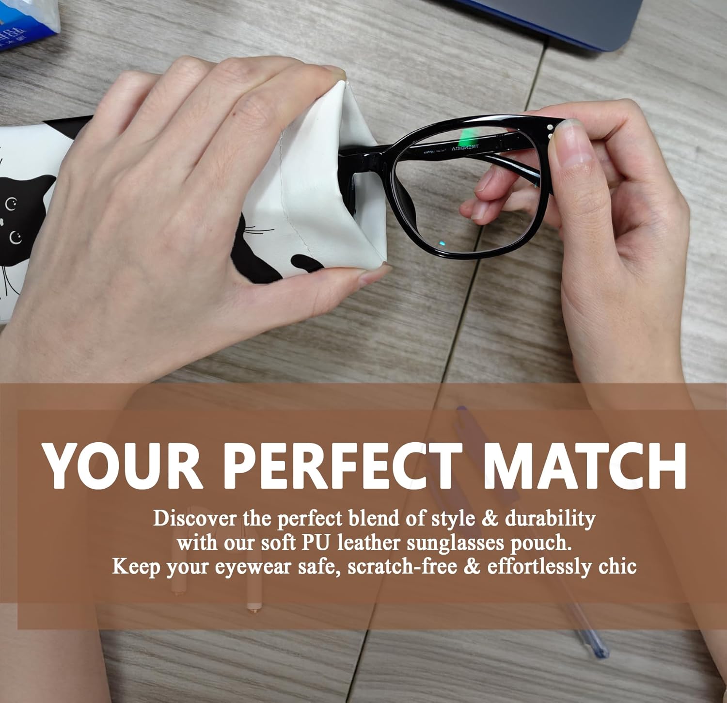 Eyeglasses Case-PU Soft Squeeze Top Sunglasses Glasses Pouch for Women Black Cat Pattern Portable Anti-Scratch Eyewear Bag (Cat, White) - Image 7