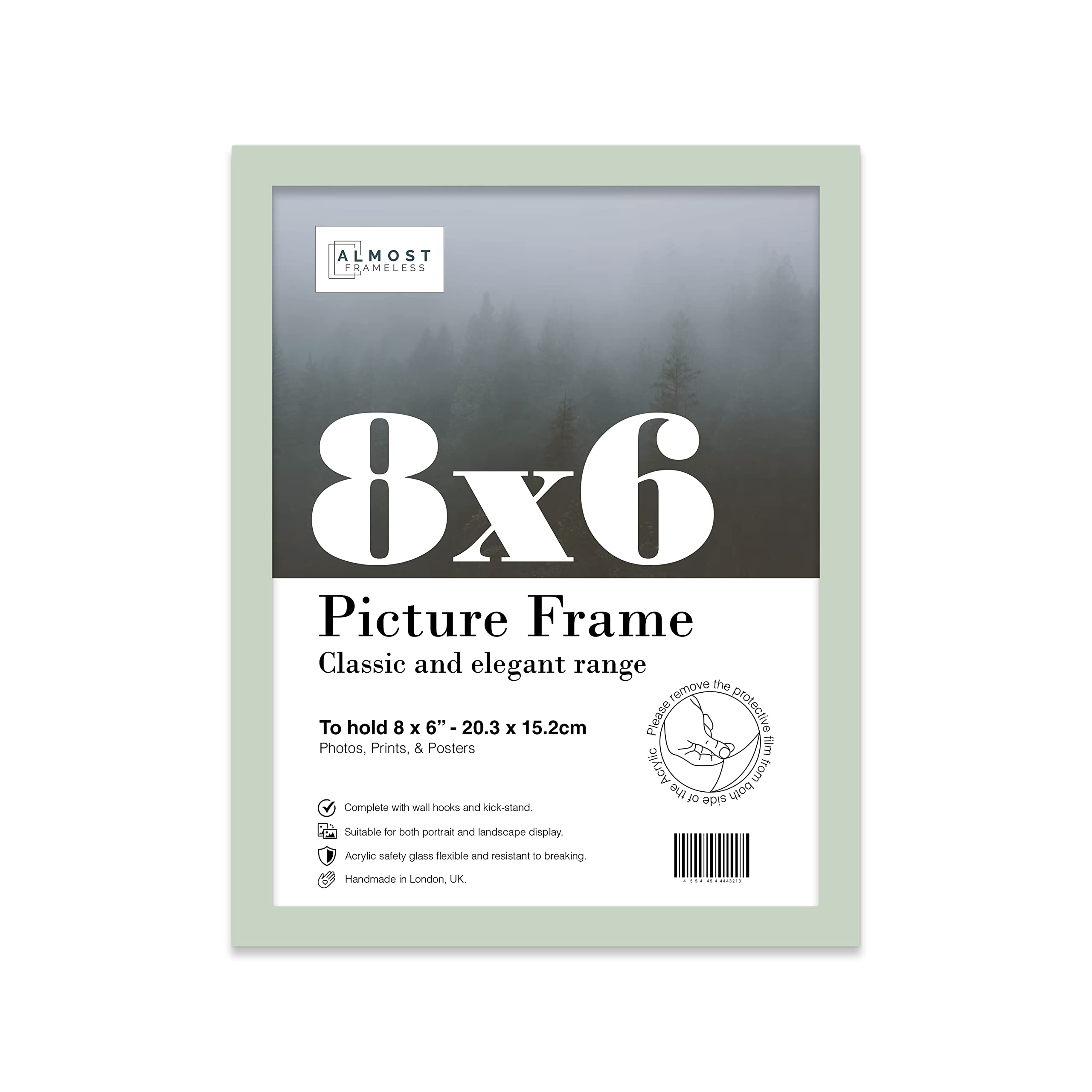 Almost Frameless 8x6 Mint Green Picture Frame 8"x6"(20.3x15.2cm) Poster, Photo, Artwork, or Print. Thin Edge Slim Frame Portrait and Landscape Display with Wall Hooks