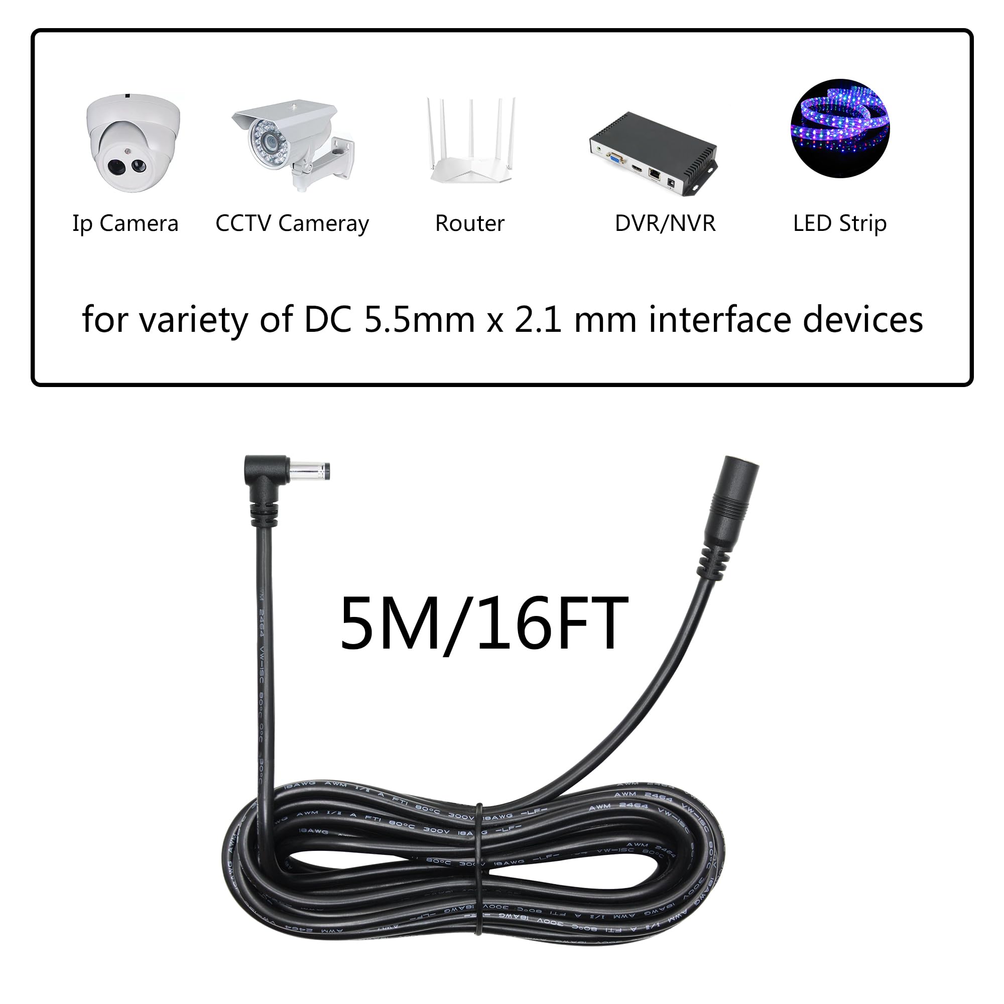 Amazon.com: 16FT DC 5.5mm x 2.1mm Power Extension Cable 18AWG, 90
