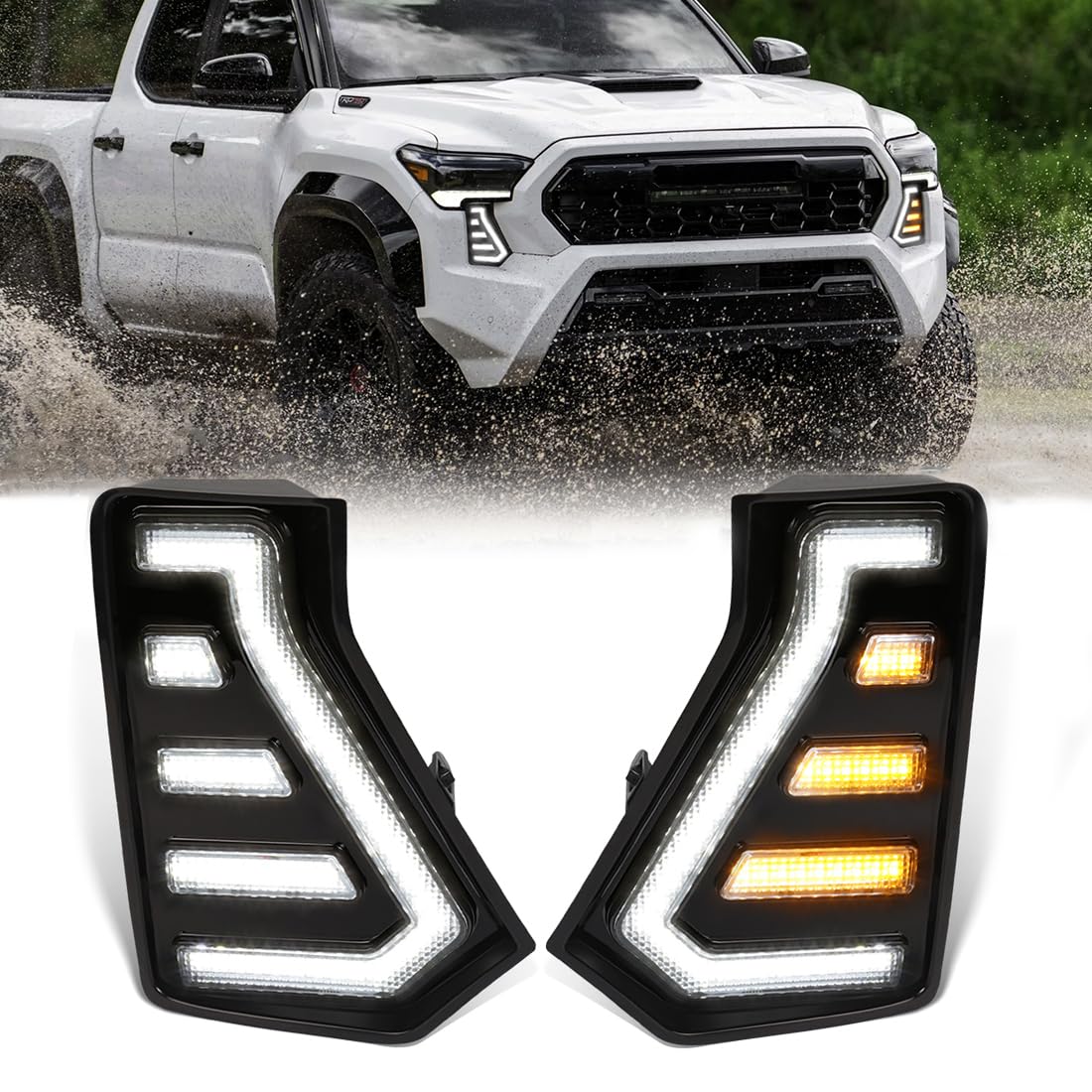 AFOGGEST Daytime Running Lights For Toyota Tacoma 2024 2025 Dual Color LED Fog Light with Amber Turn Signal Start Animation