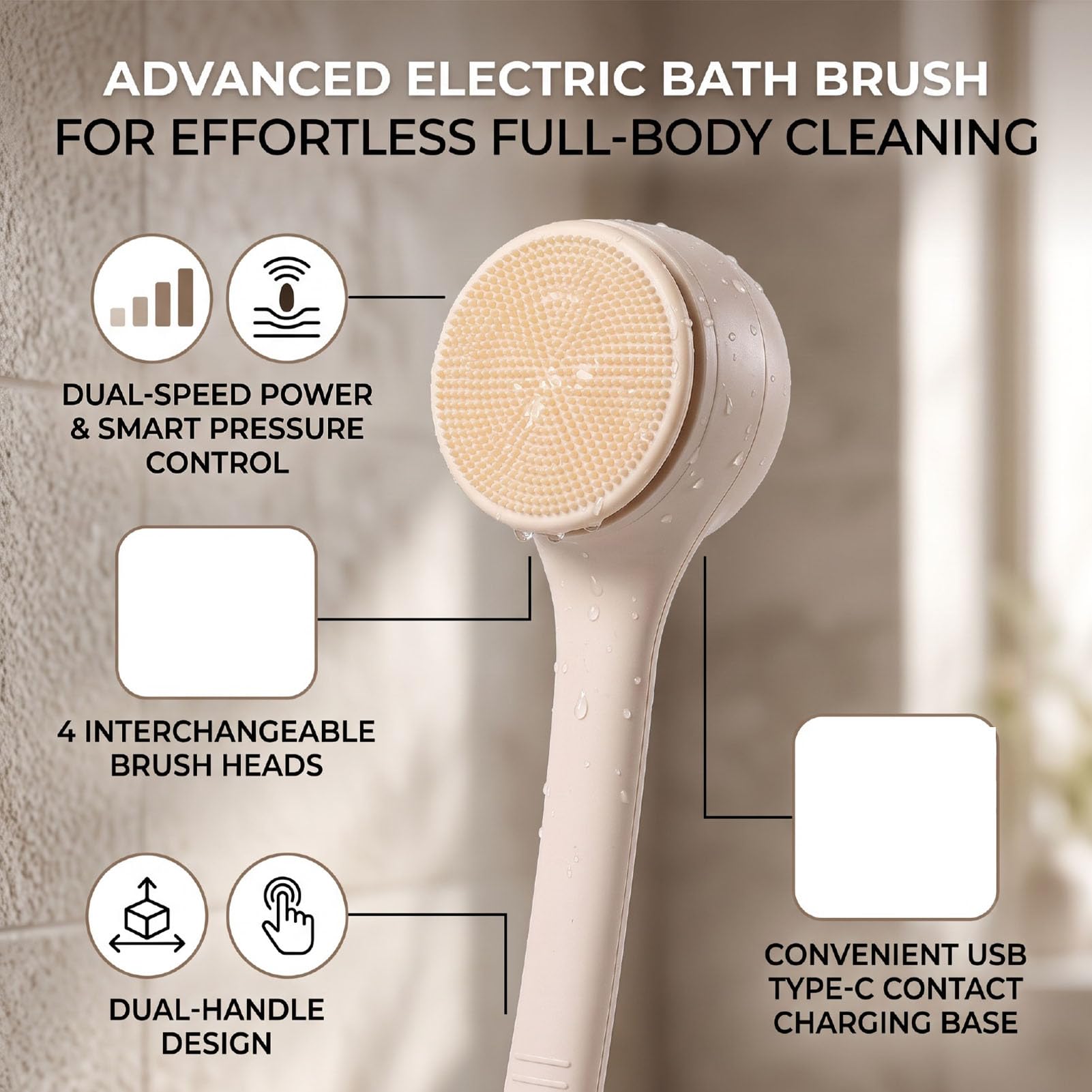 Spazzola da Bagno Elettrica Manico Lungo IPX7 2 velocità