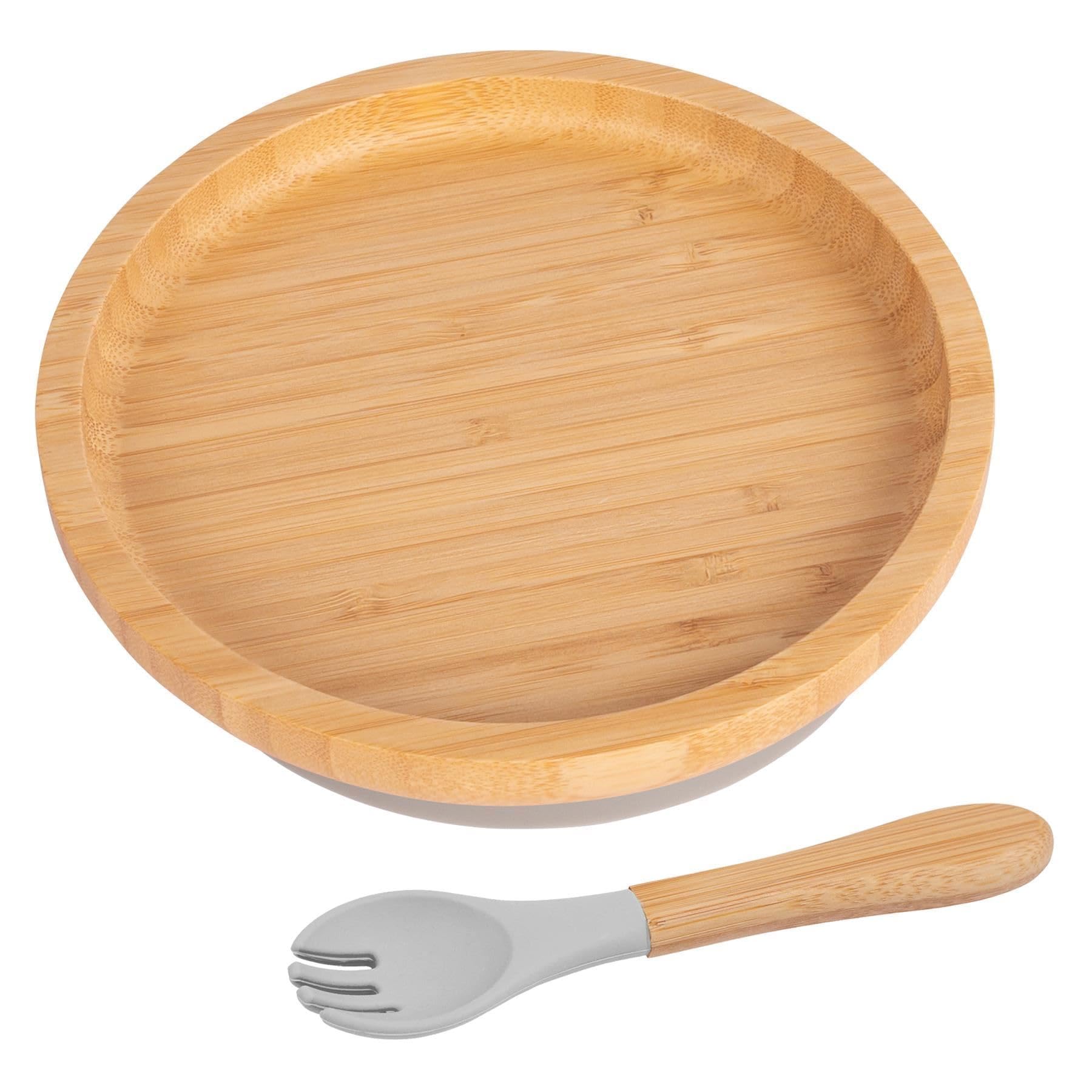Tiny Dining Baby Plate & Fork Set - Grey - 2pc - Round - Divided Non-Slip Bamboo Self-Feeding Weaning Plate & Fork for Babies, Toddlers & Children