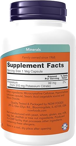 Miniatura 2 de NOW Suplementos citrato de potasio de 99 mg apoya el equilibrio de electrolitos y pH normal mineral esencial 180 cápsulas vegetales